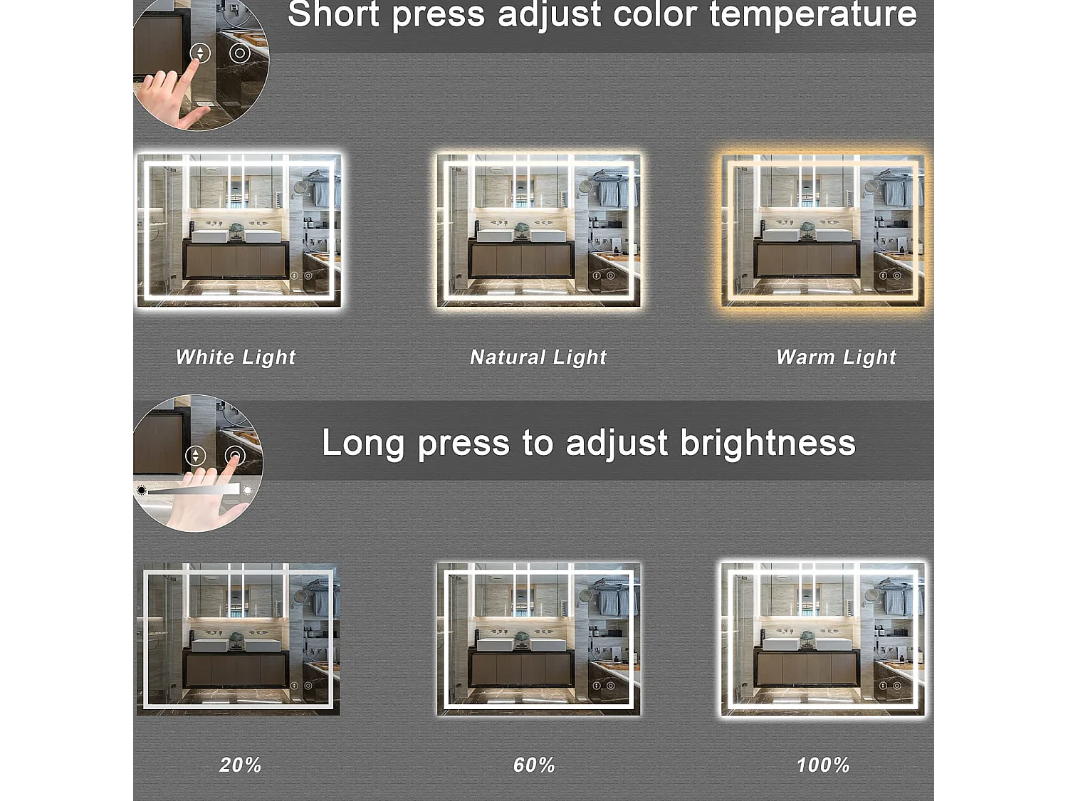 60x80cm LED badkamerspiegel, 30W, anticondens, 3 kleuren, dimbaar, aanraakschakelaar, explosieveilig, geheugenfunctie, IP44 waterdicht