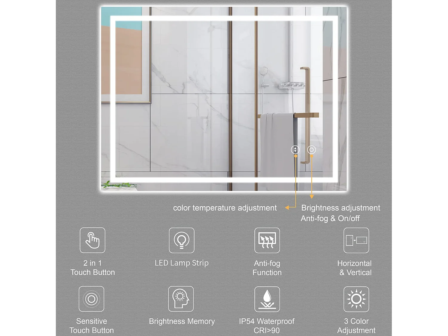 60x80cm LED badkamerspiegel, 30W, anticondens, 3 kleuren, dimbaar, aanraakschakelaar, explosieveilig, geheugenfunctie, IP44 waterdicht