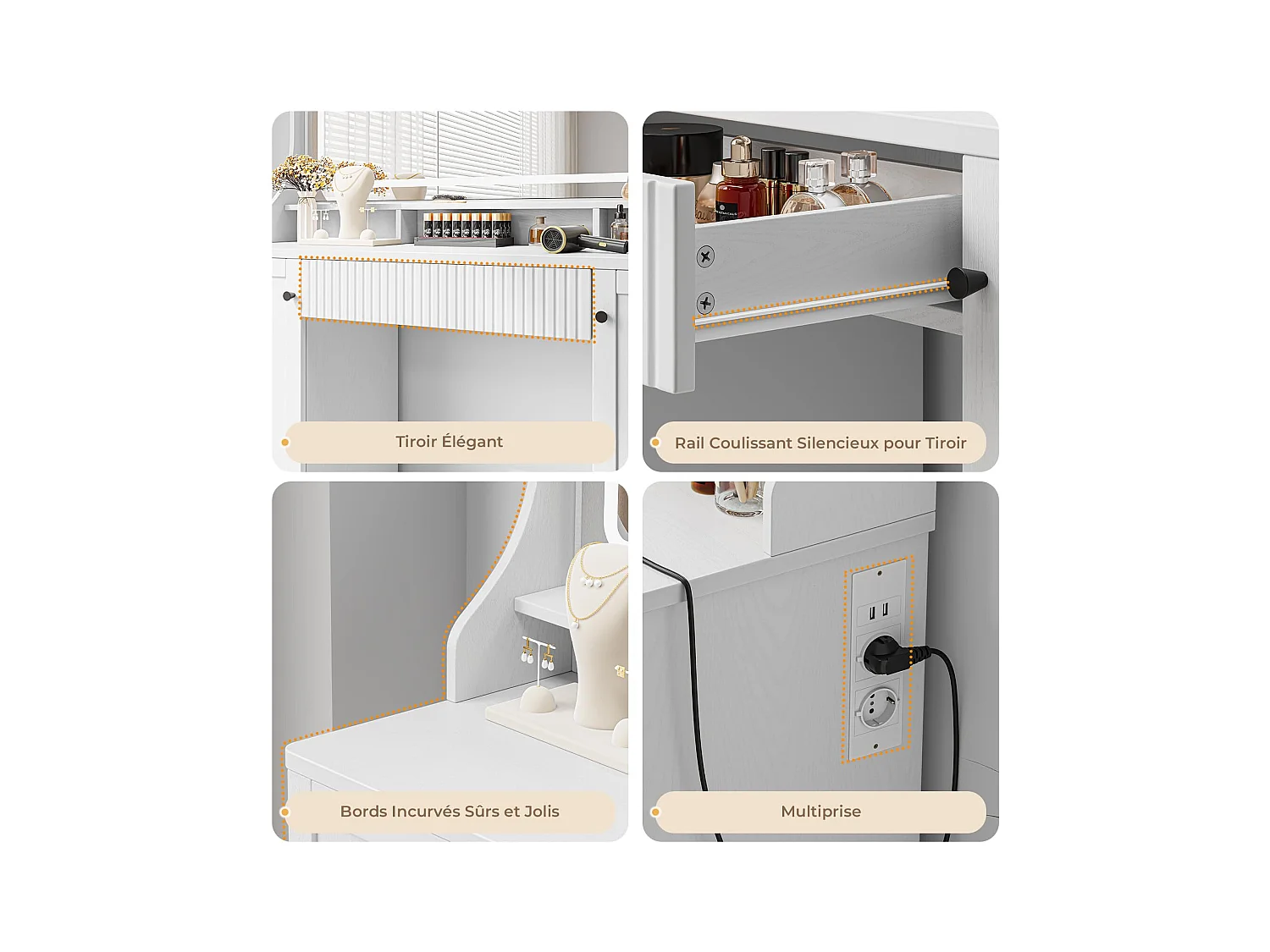 Toletta con specchio LED a 3 colori, luminosità regolabile, multipresa integrata, 1 cassetto grande, 2 armadietti laterali a 3 ripiani, 110x40x135cm, bianco