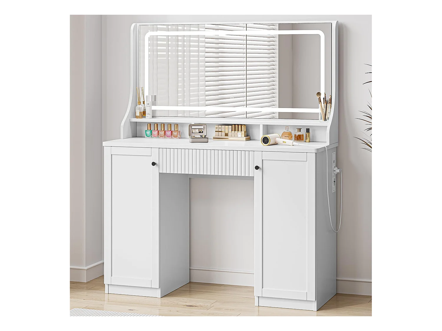 Coiffeuse avec miroir LED 3 couleurs, luminosité réglable, multiprise intégrée, 1 grand tiroir, 2 armoires latérales 3 étages, 110x40x135cm, blanc