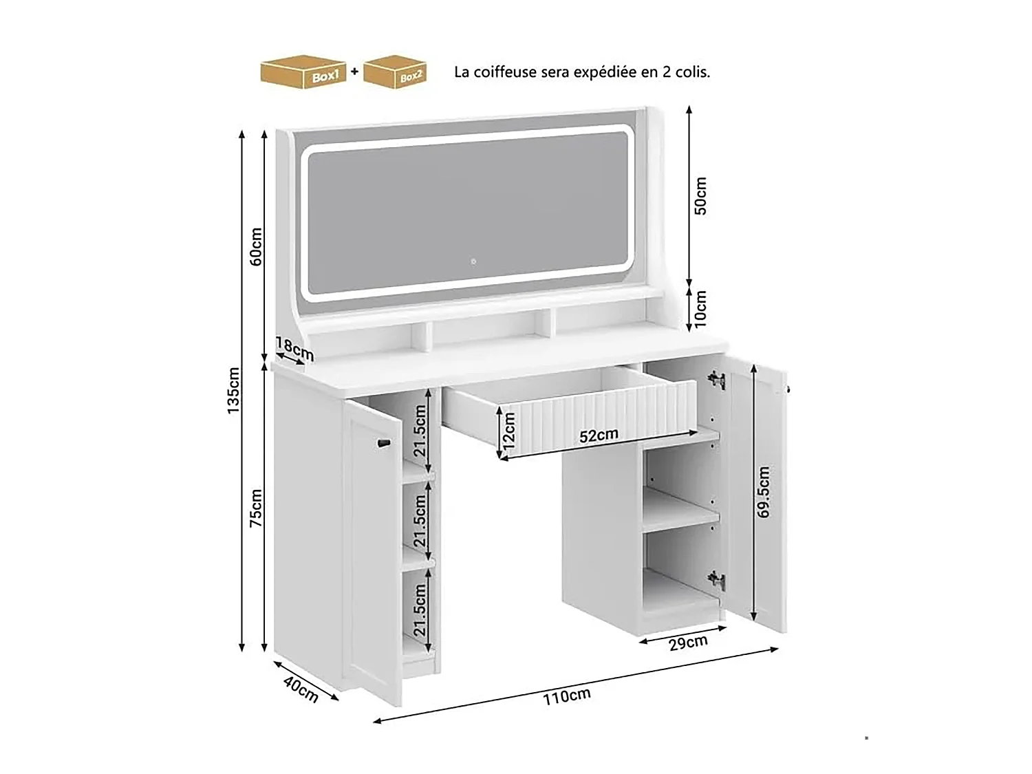 Coiffeuse avec miroir LED 3 couleurs, luminosité réglable, multiprise intégrée, 1 grand tiroir, 2 armoires latérales 3 étages, 110x40x135cm, blanc