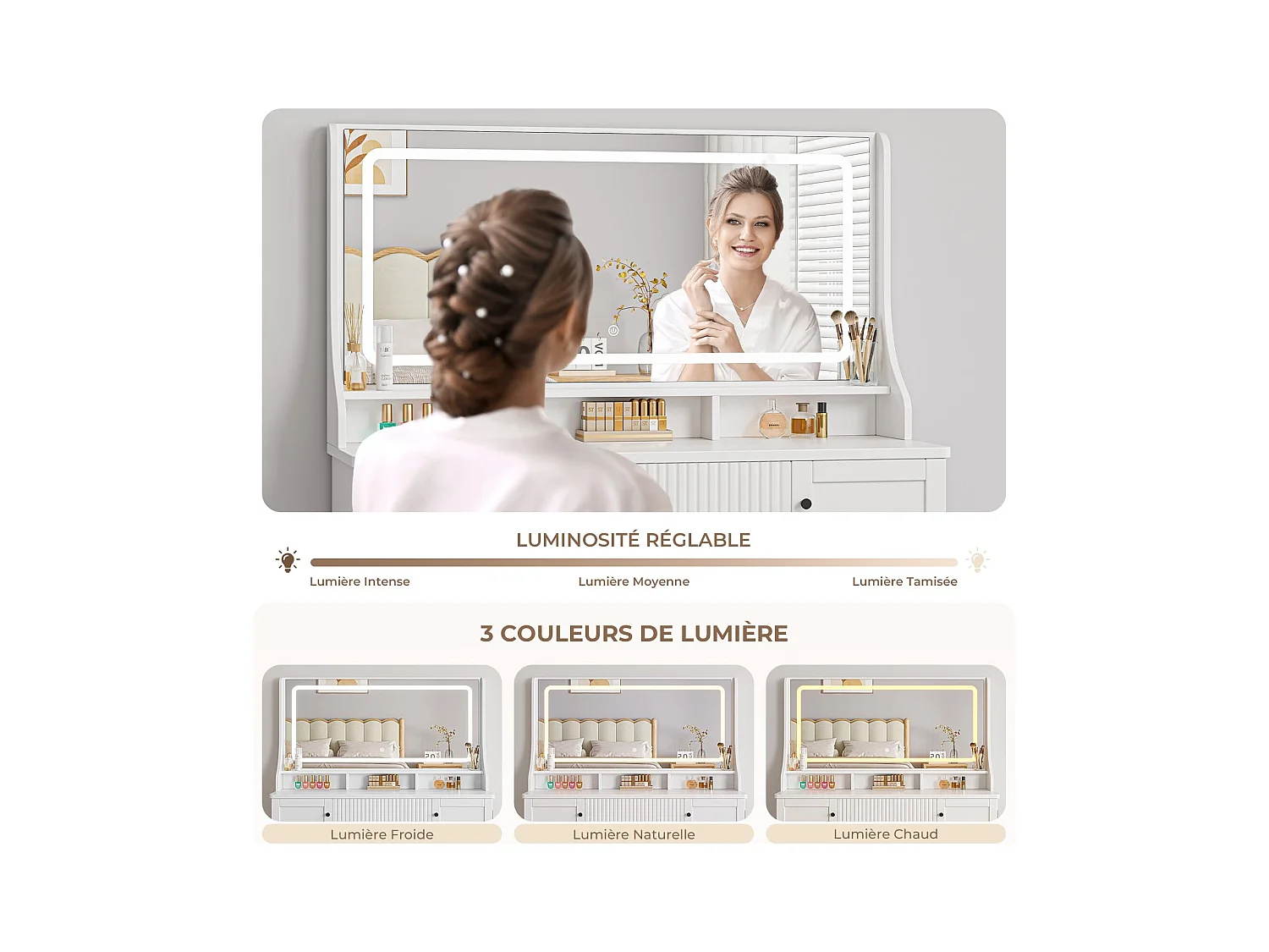 Coiffeuse avec miroir LED 3 couleurs, luminosité réglable, multiprise intégrée, 1 grand tiroir, 2 armoires latérales 3 étages, 110x40x135cm, blanc
