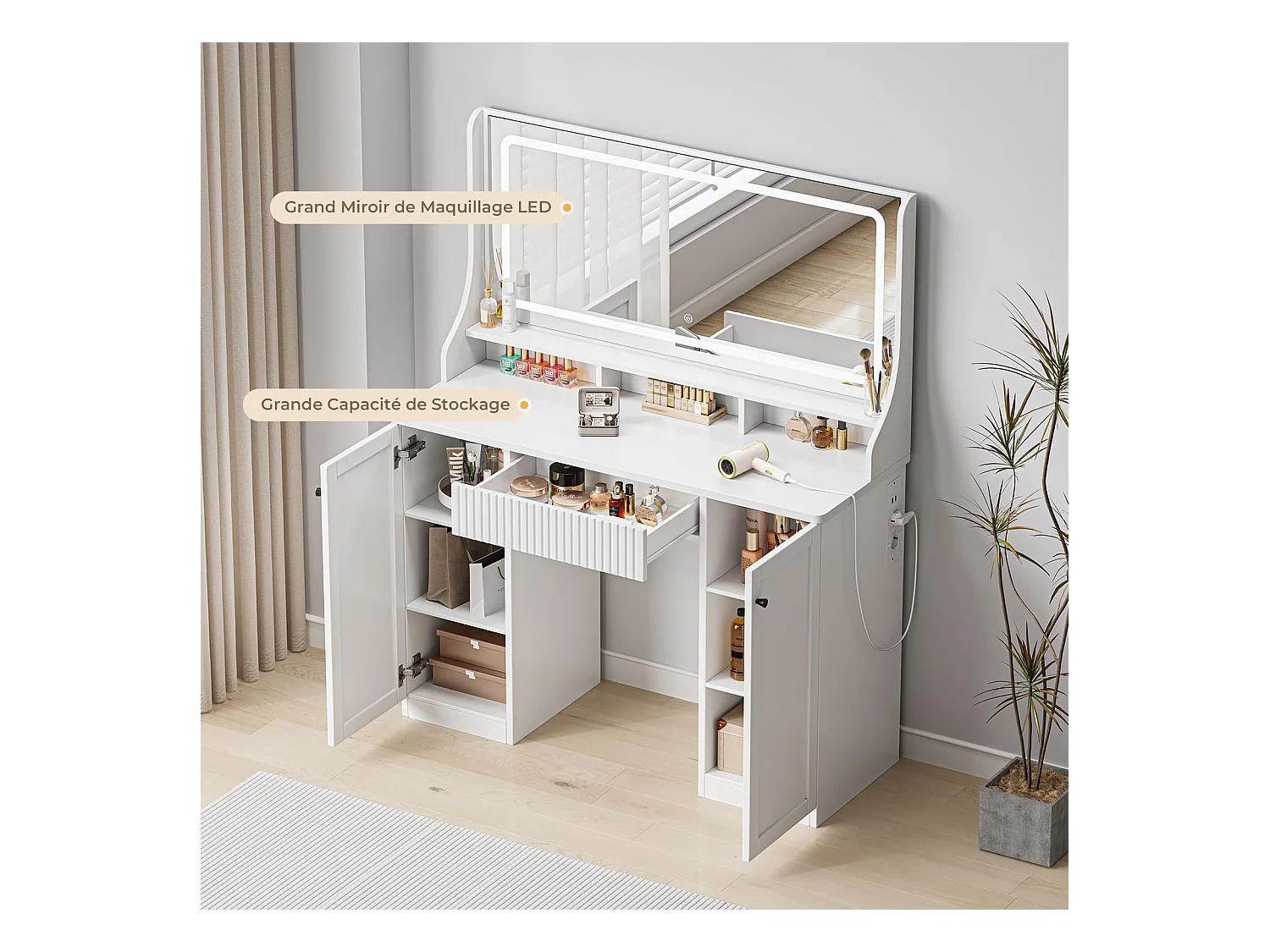 Coiffeuse avec miroir LED 3 couleurs, luminosité réglable, multiprise intégrée, 1 grand tiroir, 2 armoires latérales 3 étages, 110x40x135cm, blanc