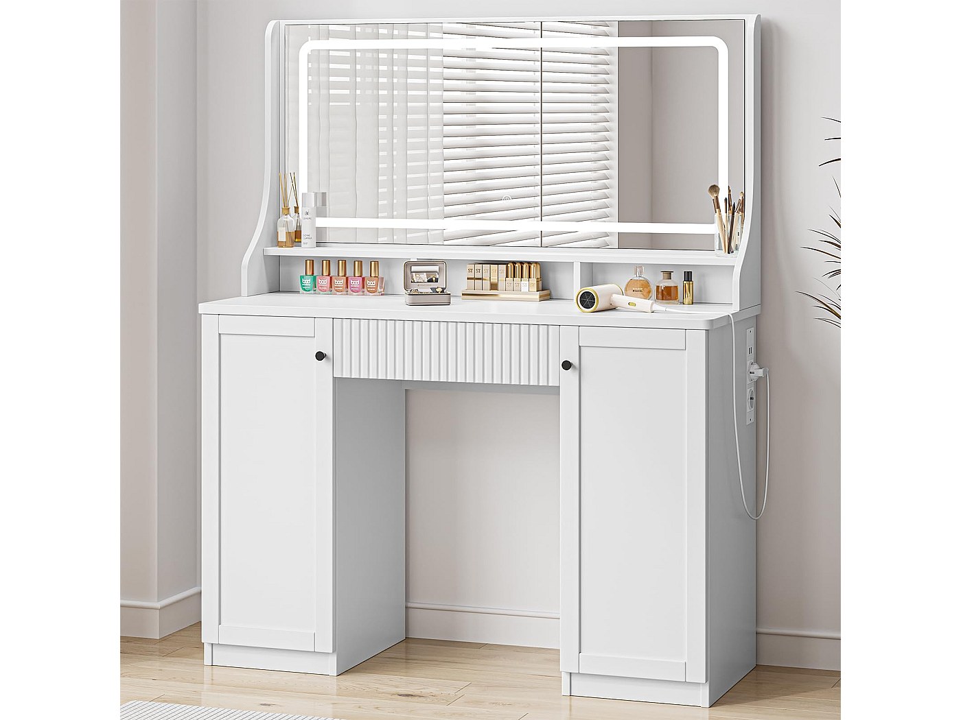 Hzuaneri Kaptafel, Kaptafel, Zachte Kruk, Hd-Spiegel En Verstelbare Led- Verlichting, Stopcontact En USB-Aansluiting, 5 Lades, Open Opbergvak, Moderne Stijl, WitgoudDT351HDT
