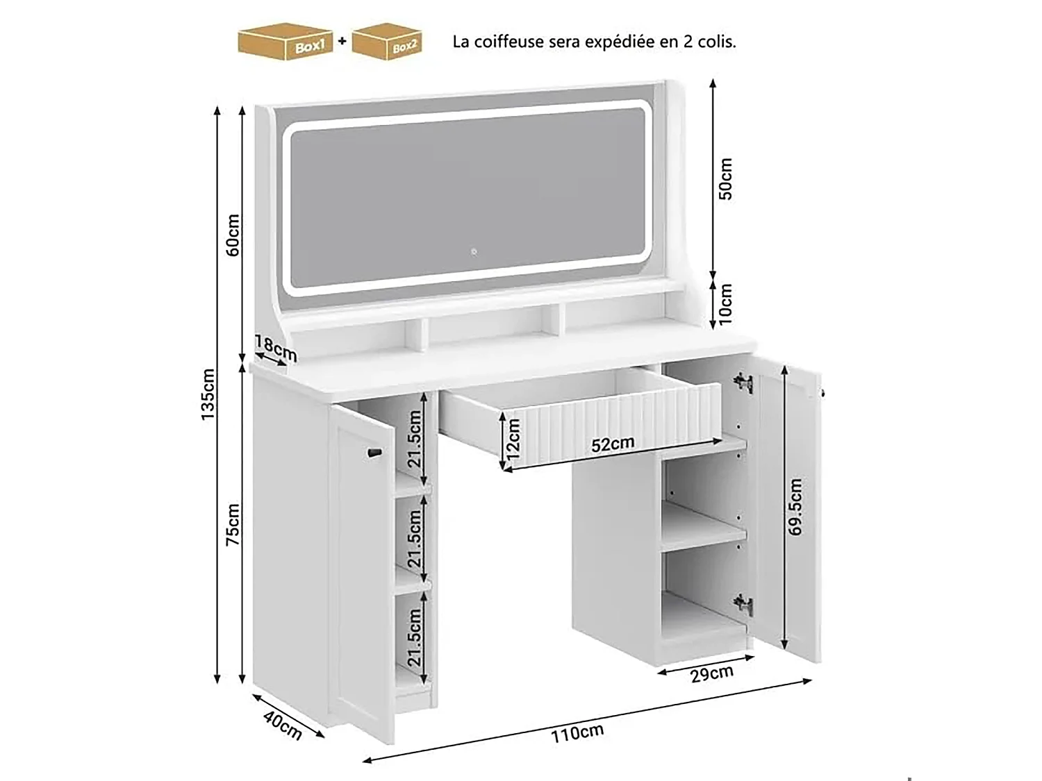 Coiffeuse avec miroir LED 3 couleurs, luminosité réglable, multiprise intégrée, 1 grand tiroir, 2 armoires latérales 3 étages, 110x40x135cm, blanc