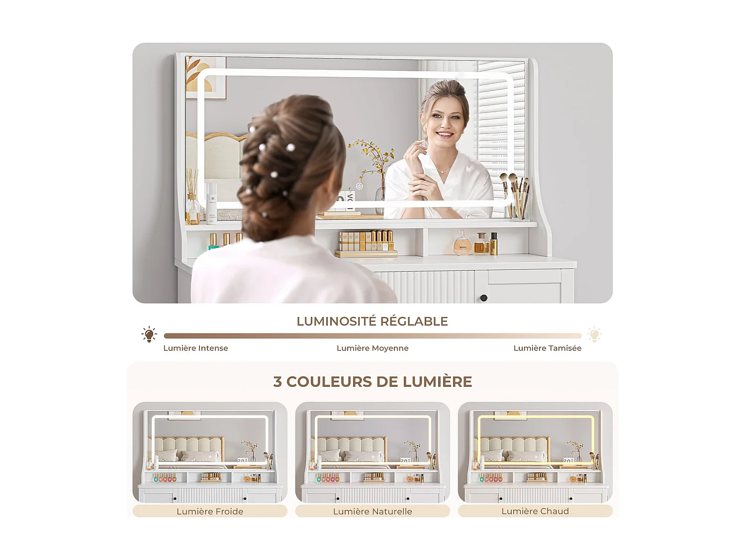 Coiffeuse avec miroir LED 3 couleurs, luminosité réglable, multiprise intégrée, 1 grand tiroir, 2 armoires latérales 3 étages, 110x40x135cm, blanc