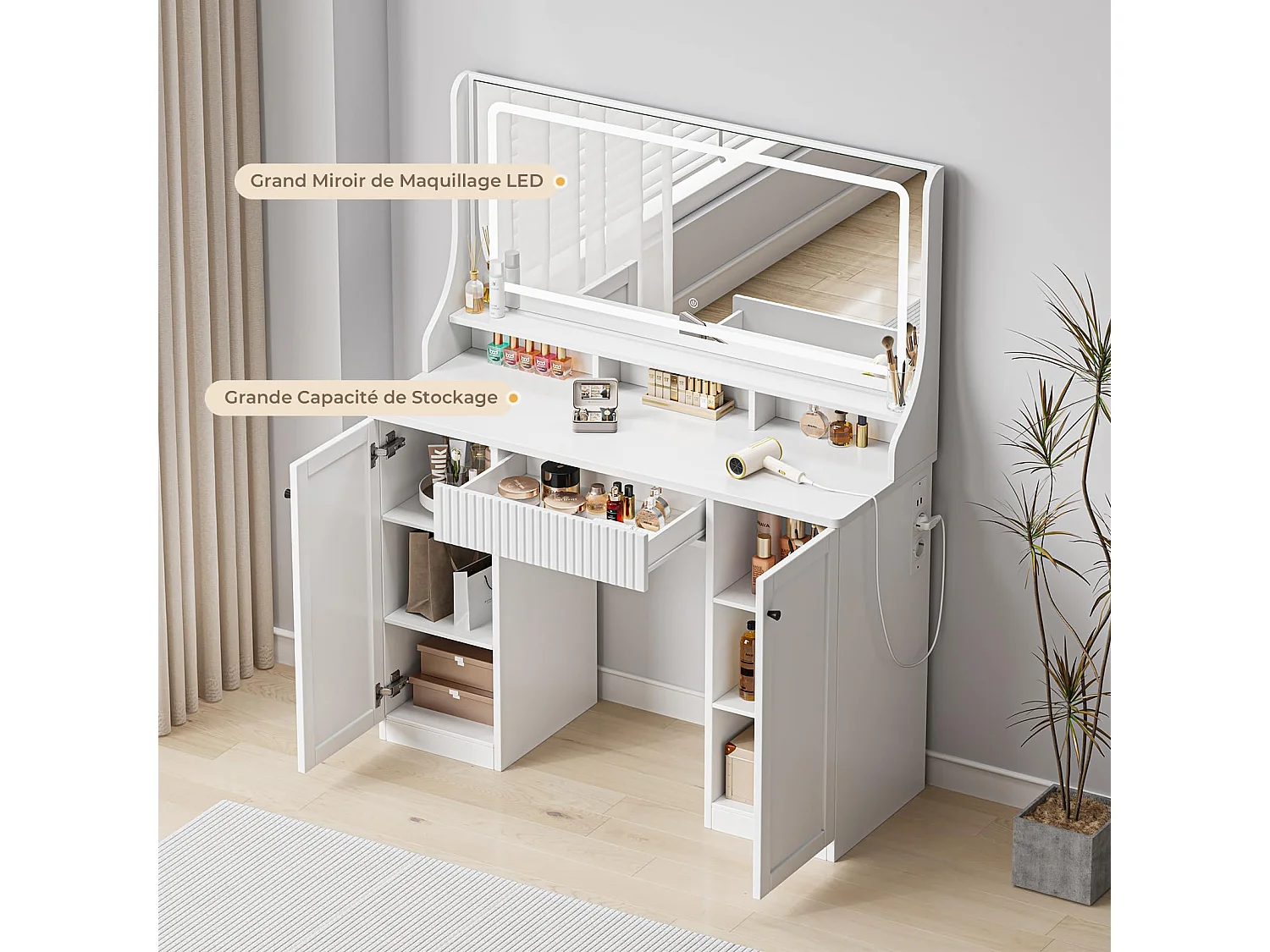Coiffeuse avec miroir LED 3 couleurs, luminosité réglable, multiprise intégrée, 1 grand tiroir, 2 armoires latérales 3 étages, 110x40x135cm, blanc
