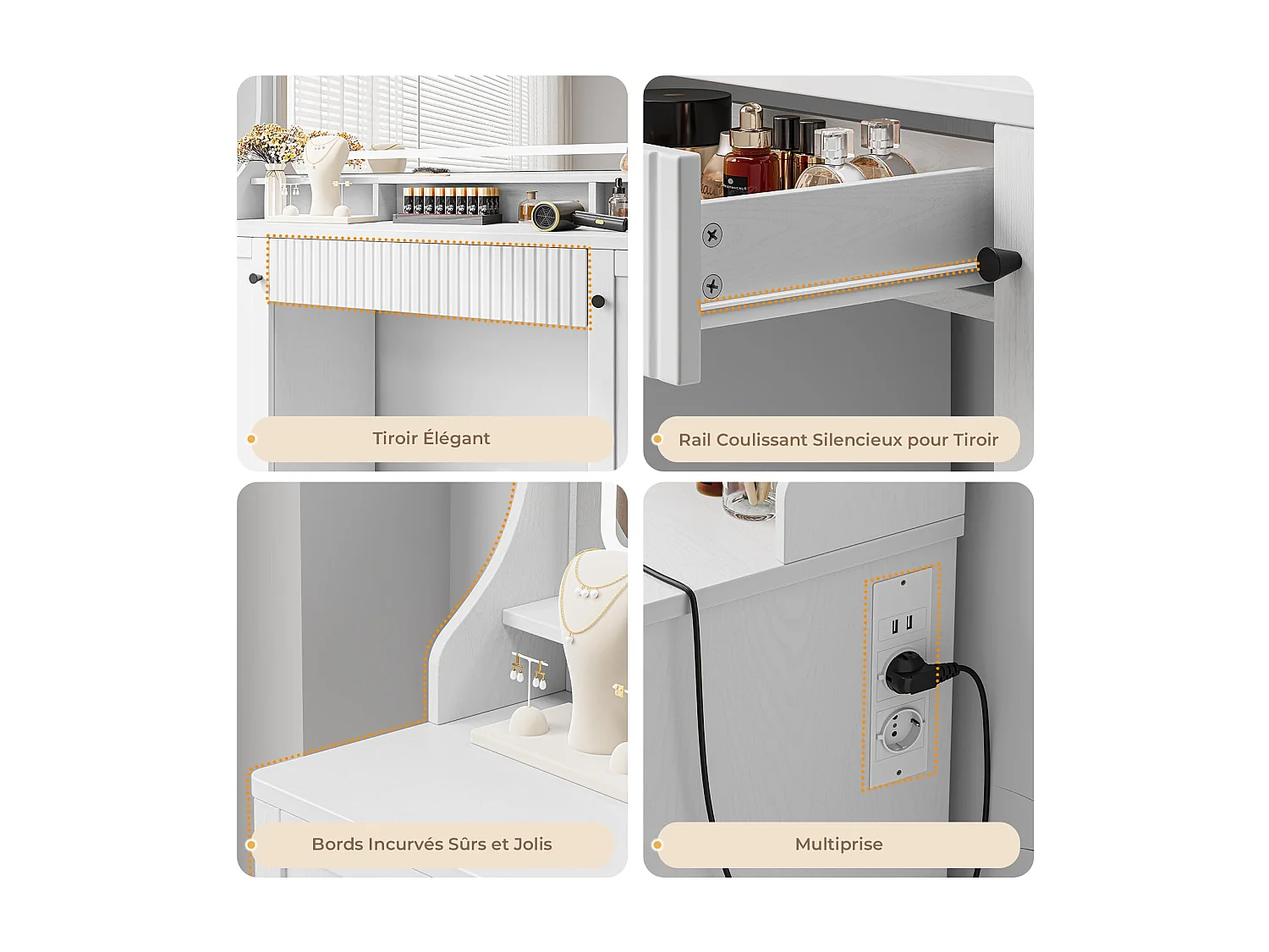 Coiffeuse avec miroir LED 3 couleurs, luminosité réglable, multiprise intégrée, 1 grand tiroir, 2 armoires latérales 3 étages, 110x40x135cm, blanc