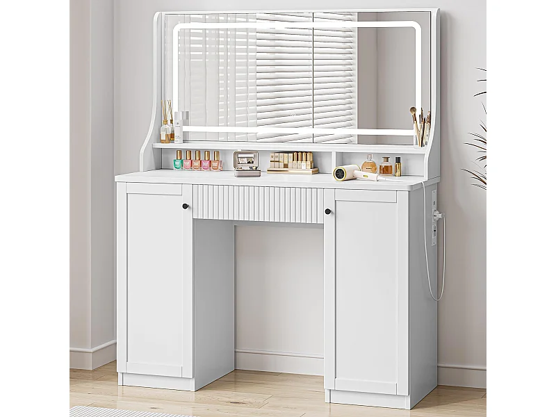 Kaptafel met 3-kleurige LED-spiegel, instelbare helderheid, geïntegreerde stekkerdoos, 1 grote lade, 2 3-laags zijkasten, 110x40x135cm, wit
