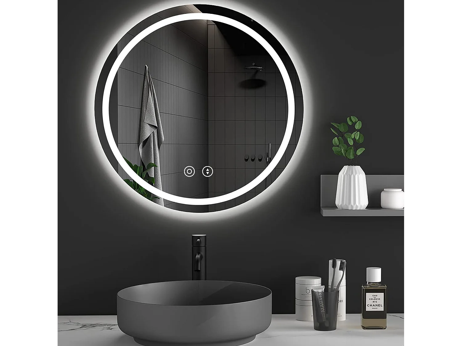 60cm ronde LED spiegel met verlichting, anti-condens, 3 kleuren, dimbaar, geheugen, HD gehard glas, aanraakschakelaar, IP44 waterdicht