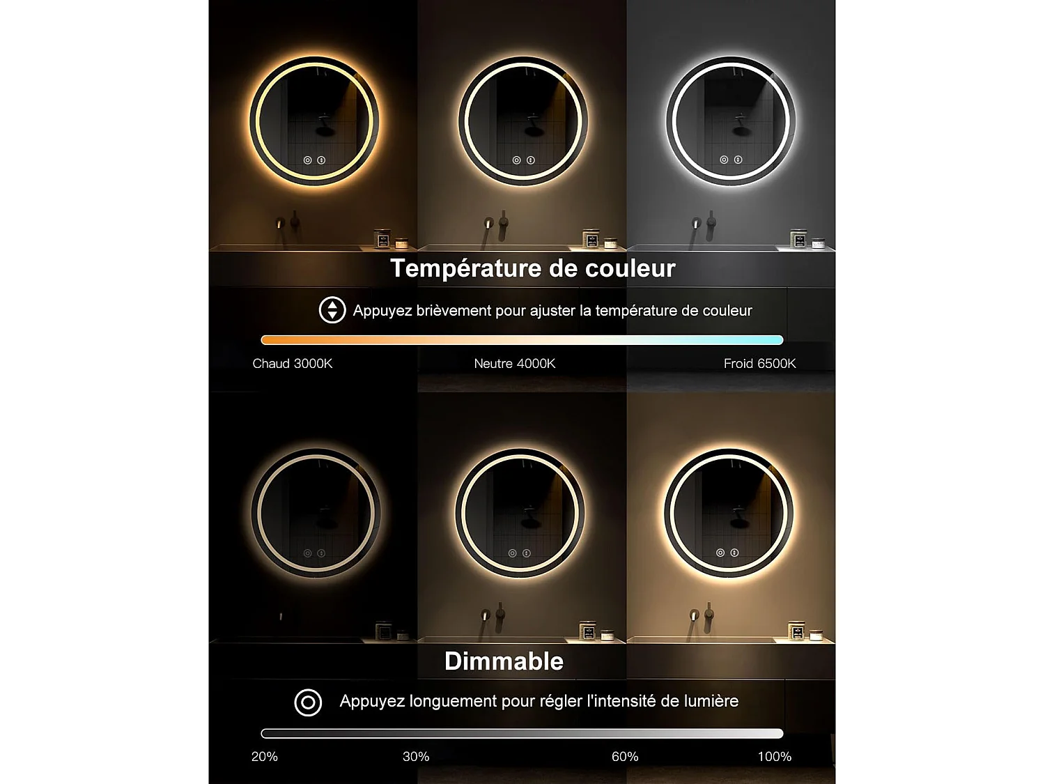 60cm ronde LED spiegel met verlichting, anti-condens, 3 kleuren, dimbaar, geheugen, HD gehard glas, aanraakschakelaar, IP44 waterdicht