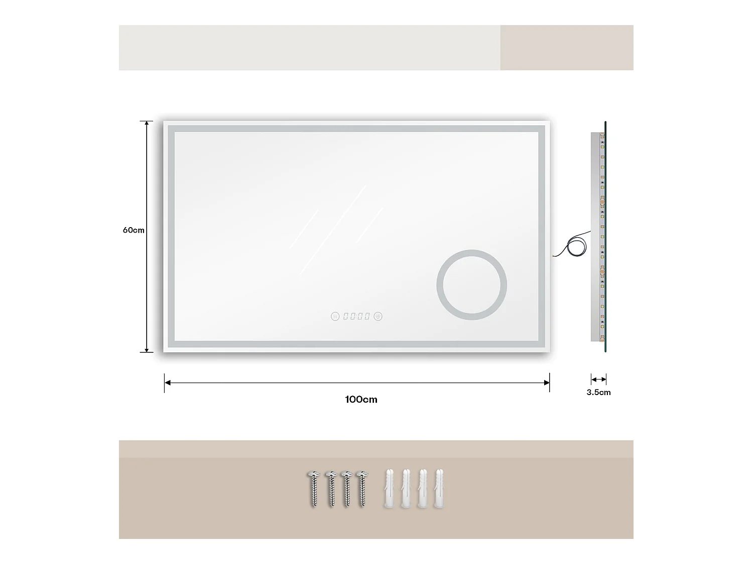 Badkamerspiegel 100x60cm, 45W LED, met 3x vergrootglas, anticondens, tijdsweergave, scheerstopcontact, 3-kleurige dimbare verlichting, IP44 waterdicht