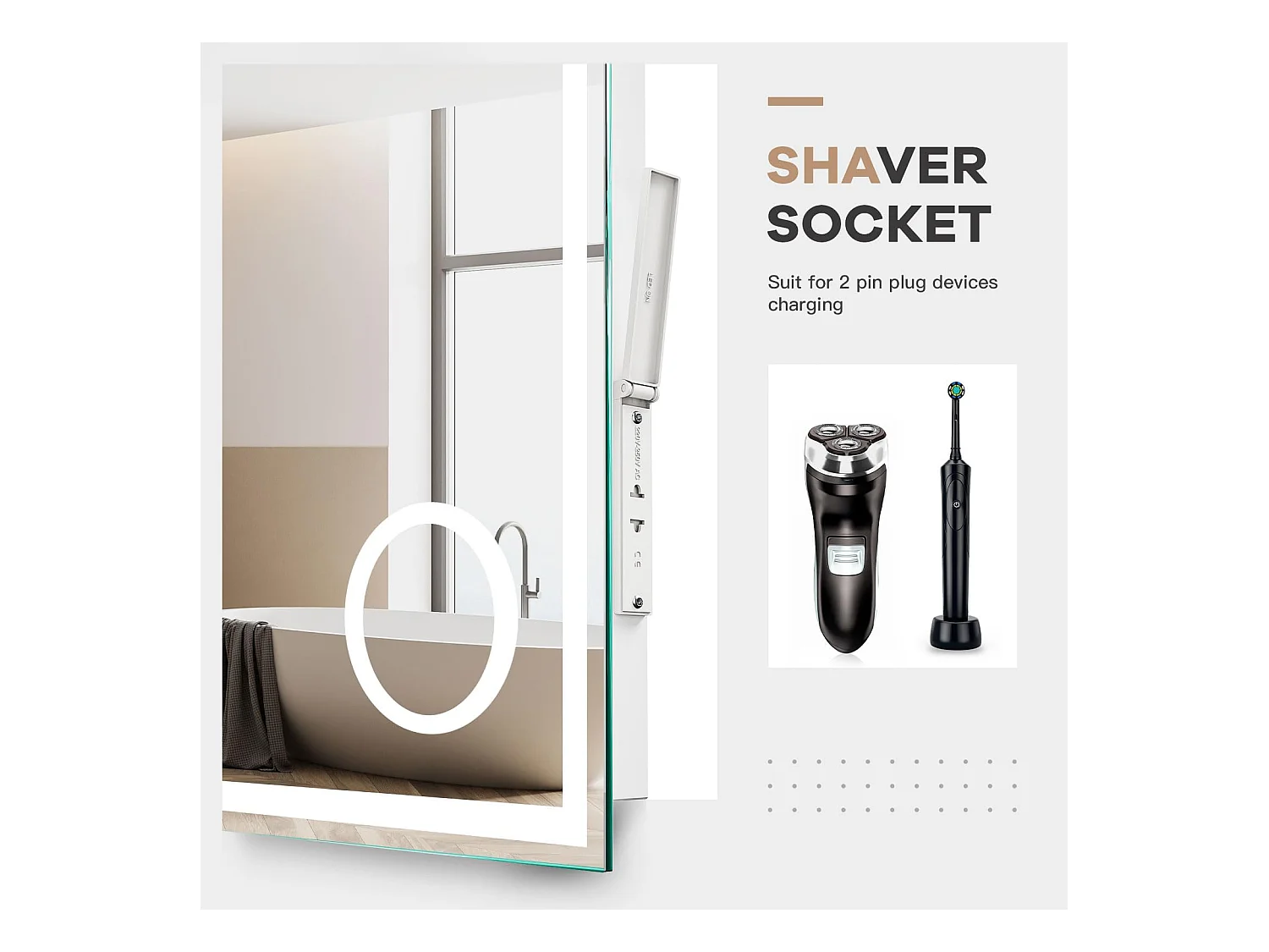 Badkamerspiegel 100x60cm, 45W LED, met 3x vergrootglas, anticondens, tijdsweergave, scheerstopcontact, 3-kleurige dimbare verlichting, IP44 waterdicht