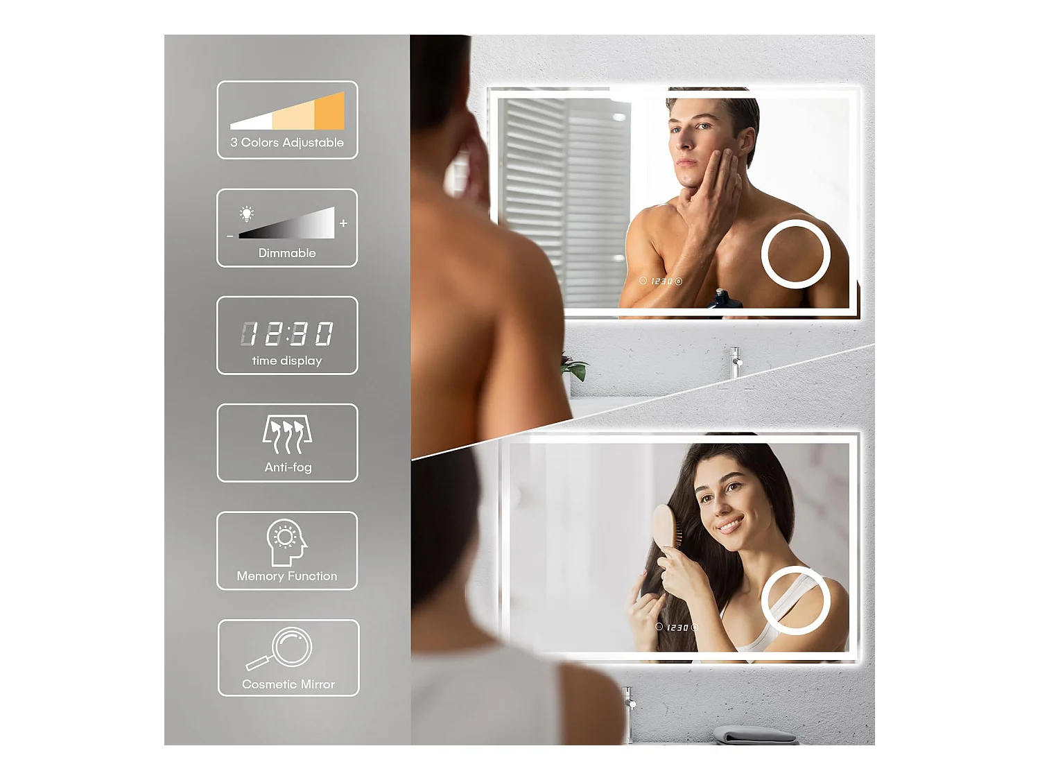 Badkamerspiegel 100x60cm, 45W LED, met 3x vergrootglas, anticondens, tijdsweergave, scheerstopcontact, 3-kleurige dimbare verlichting, IP44 waterdicht