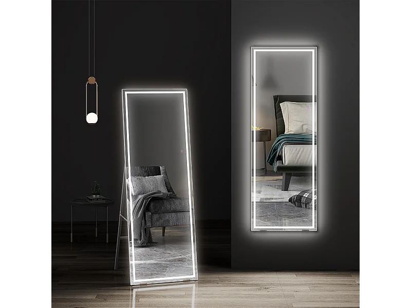 LED staande spiegel 130x40cm, grote wand- of staande spiegel, 3 instelbare kleuren verlichting, aanraakschakelaar, ideaal voor slaapkamer of woonkamer, zwart