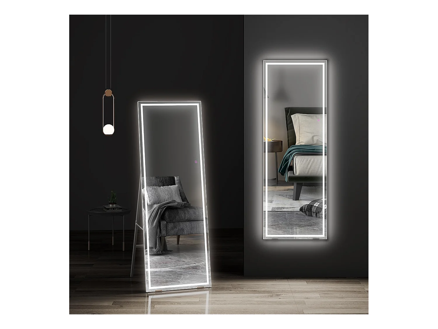 Miroir sur Pied LED 130x40cm, grand miroir mural ou sur pied, éclairage 3 couleurs réglables, interrupteur tactile, idéal chambre ou salon, noir