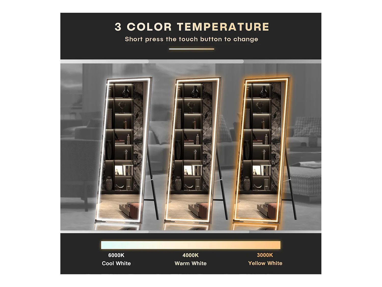 Miroir sur Pied LED 130x40cm, grand miroir mural ou sur pied, éclairage 3 couleurs réglables, interrupteur tactile, idéal chambre ou salon, noir