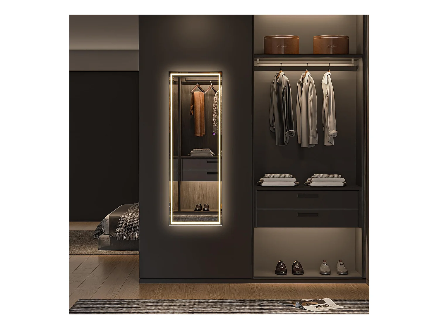 Miroir sur Pied LED 130x40cm, grand miroir mural ou sur pied, éclairage 3 couleurs réglables, interrupteur tactile, idéal chambre ou salon, noir