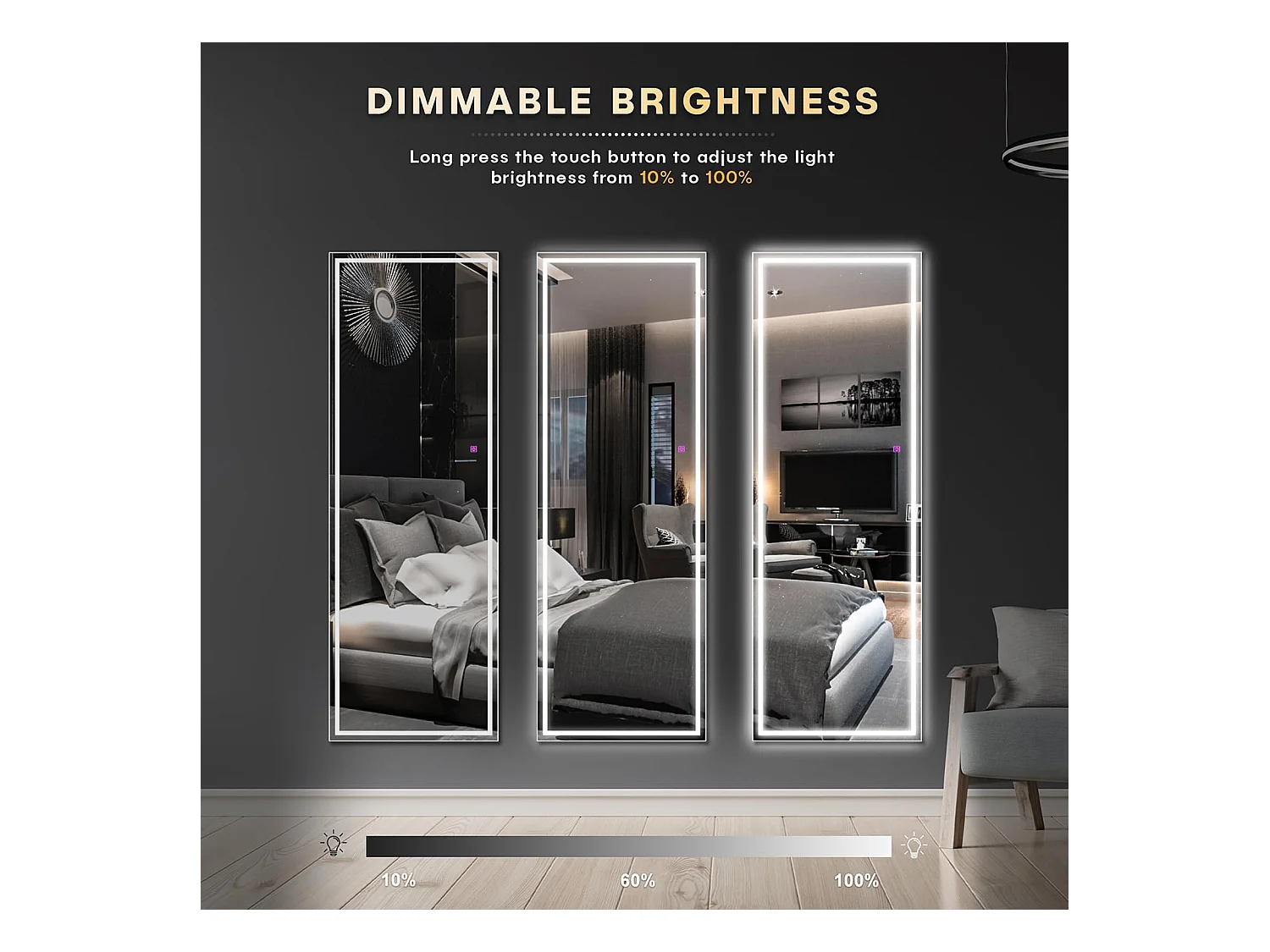 LED staande spiegel 130x40cm, grote wand- of staande spiegel, 3 instelbare kleuren verlichting, aanraakschakelaar, ideaal voor slaapkamer of woonkamer, zwart