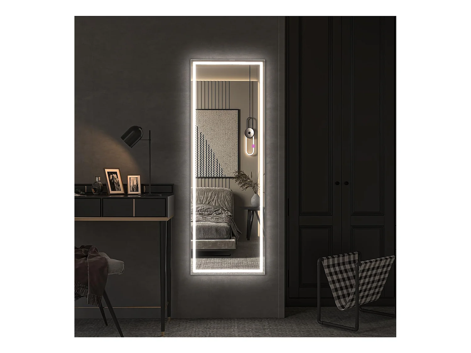 LED staande spiegel 130x40cm, grote wand- of staande spiegel, 3 instelbare kleuren verlichting, aanraakschakelaar, ideaal voor slaapkamer of woonkamer, zwart