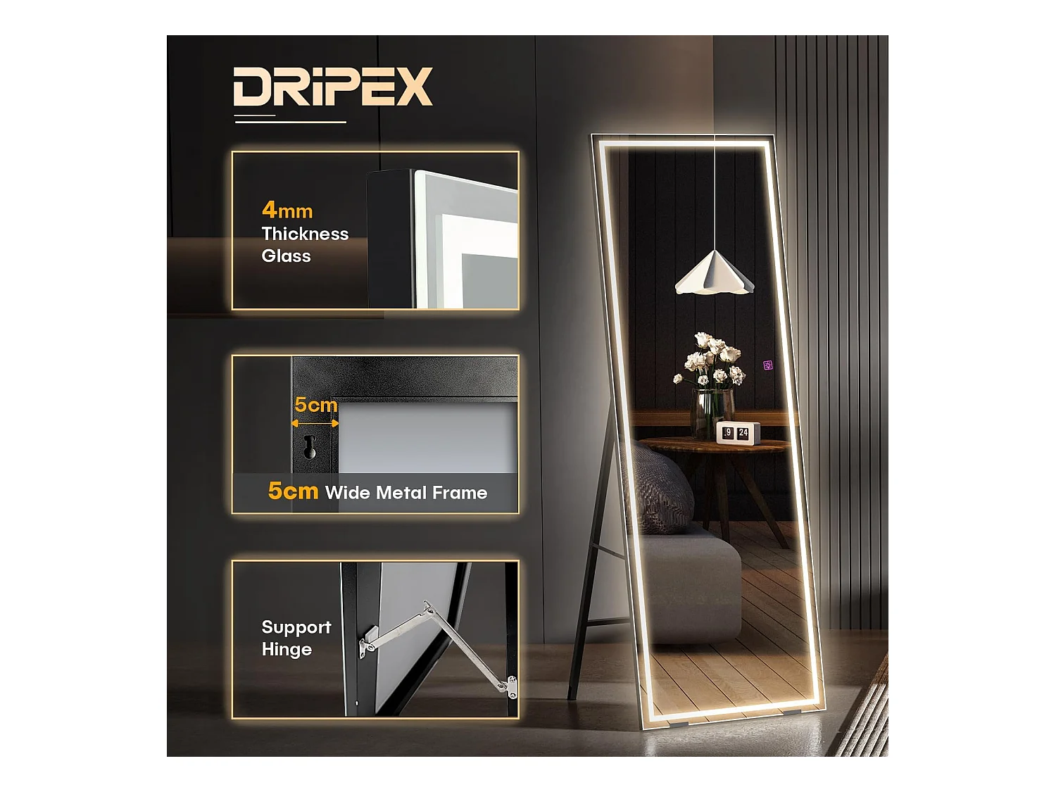 LED staande spiegel 130x40cm, grote wand- of staande spiegel, 3 instelbare kleuren verlichting, aanraakschakelaar, ideaal voor slaapkamer of woonkamer, zwart