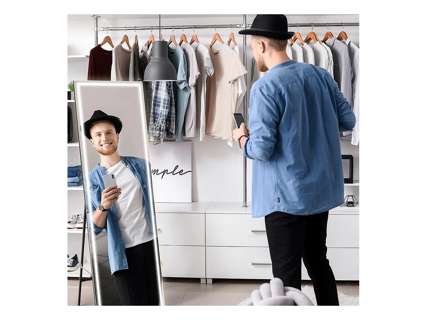 LED staande spiegel 130x40cm, grote wand- of staande spiegel, 3 instelbare kleuren verlichting, aanraakschakelaar, ideaal voor slaapkamer of woonkamer, zwart