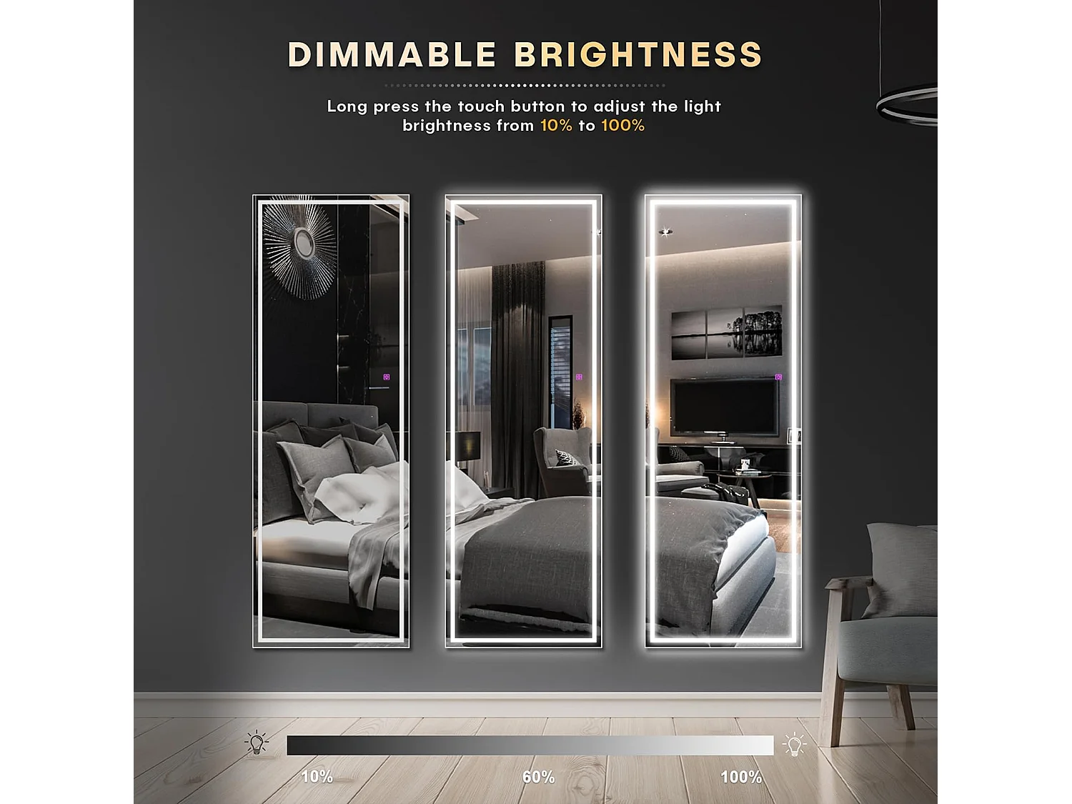 LED staande spiegel 130x40cm, grote wand- of staande spiegel, 3 instelbare kleuren verlichting, aanraakschakelaar, ideaal voor slaapkamer of woonkamer, zwart