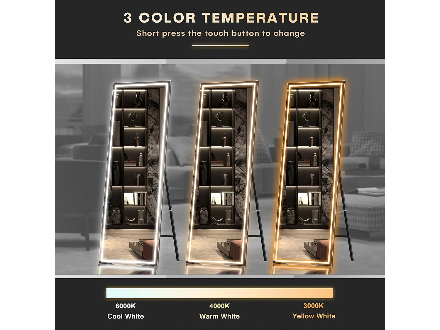 LED staande spiegel 130x40cm, grote wand- of staande spiegel, 3 instelbare kleuren verlichting, aanraakschakelaar, ideaal voor slaapkamer of woonkamer, zwart