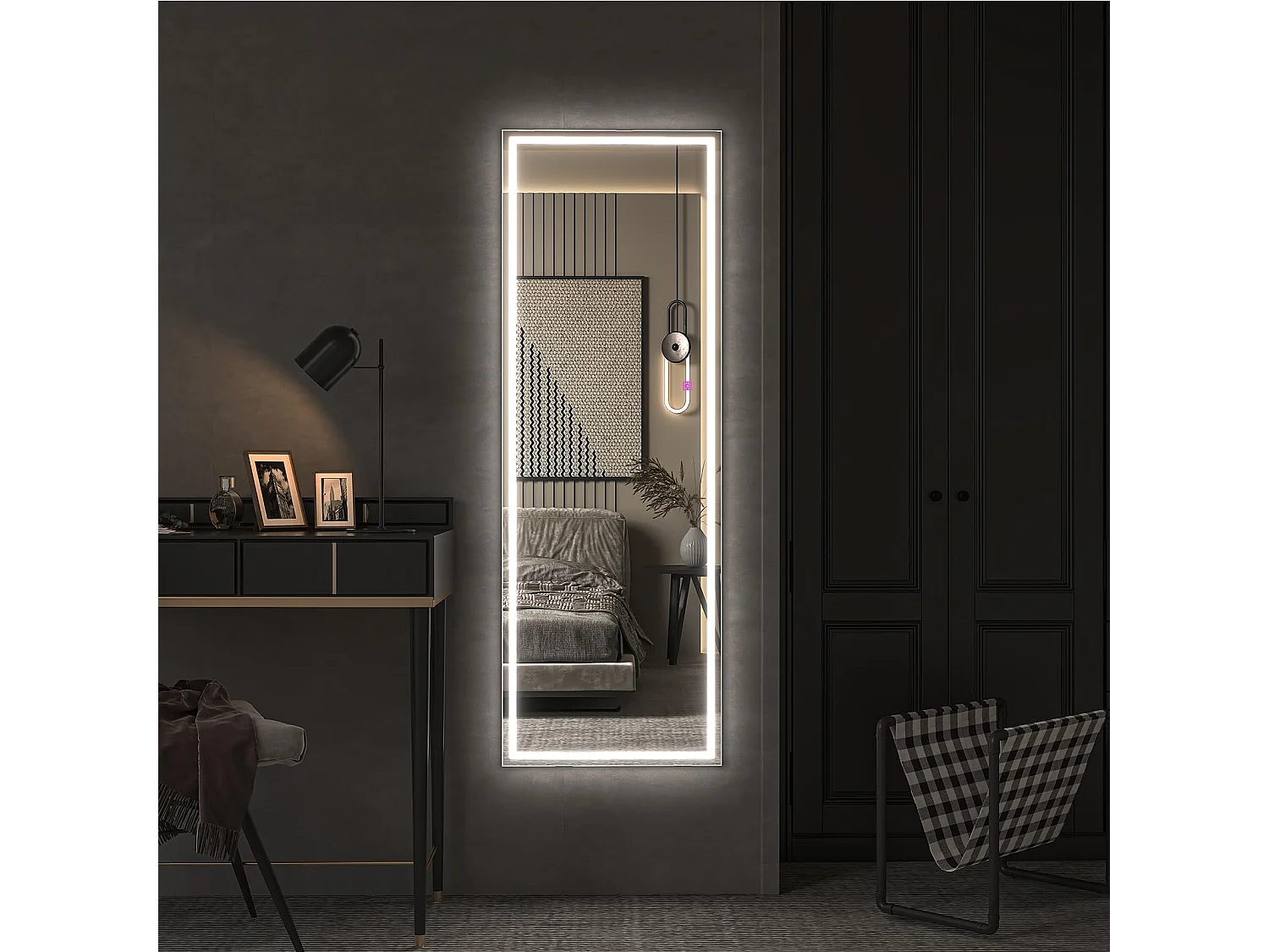 LED staande spiegel 130x40cm, grote wand- of staande spiegel, 3 instelbare kleuren verlichting, aanraakschakelaar, ideaal voor slaapkamer of woonkamer, zwart