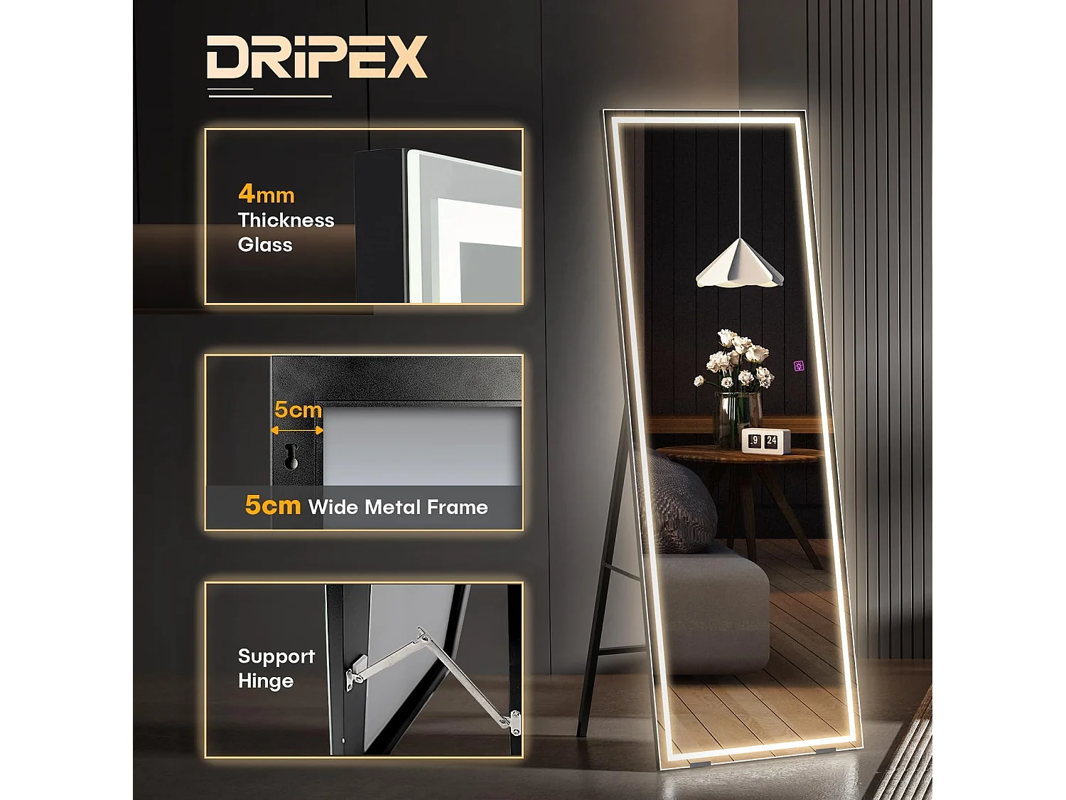 LED staande spiegel 130x40cm, grote wand- of staande spiegel, 3 instelbare kleuren verlichting, aanraakschakelaar, ideaal voor slaapkamer of woonkamer, zwart