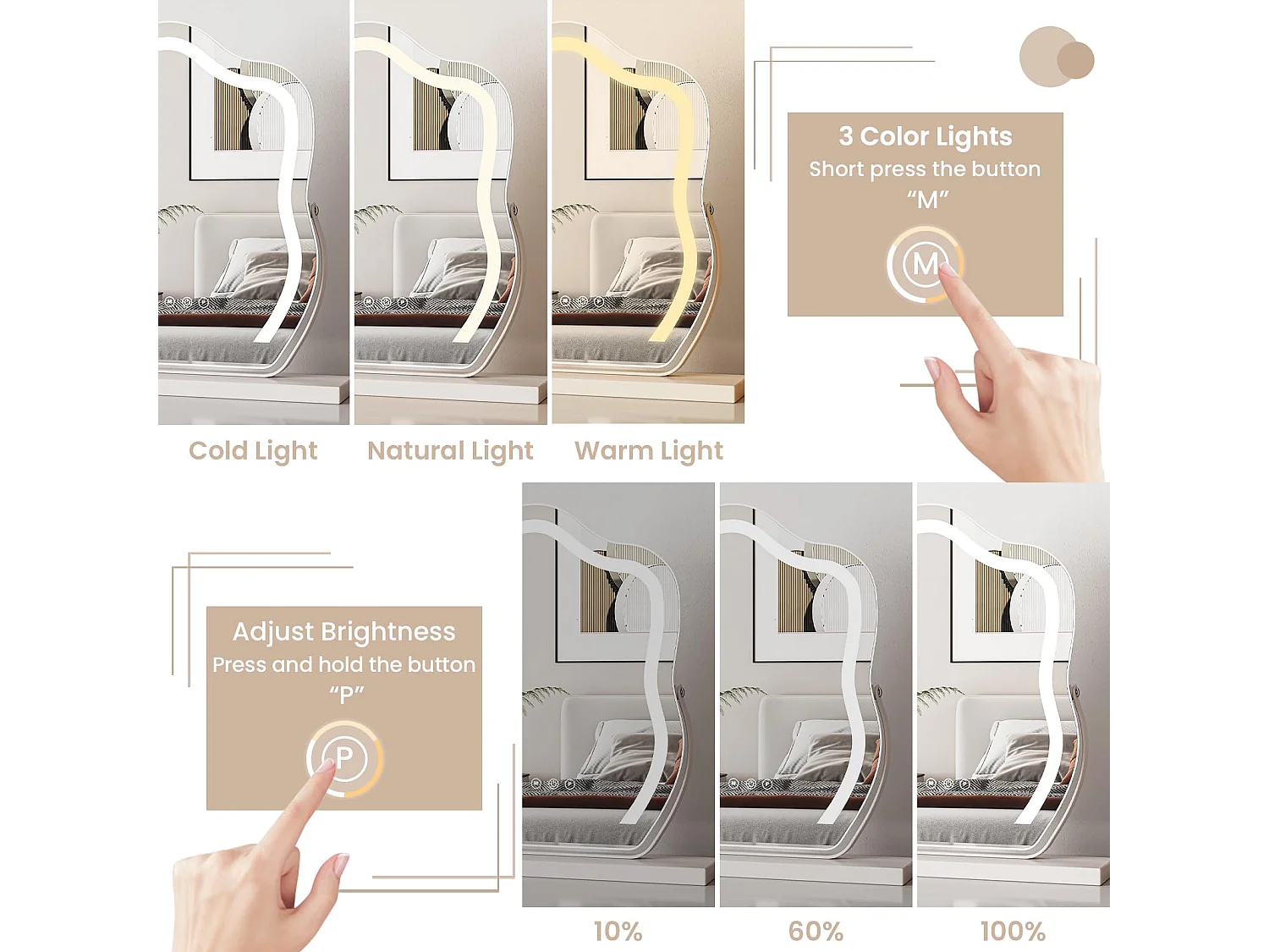 Hollywood Cloud LED make-upspiegel, 58x50cm, 180° draaibaar, 3 standen, instelbare helderheid, touchbediening, ideaal voor de kaptafel, wit