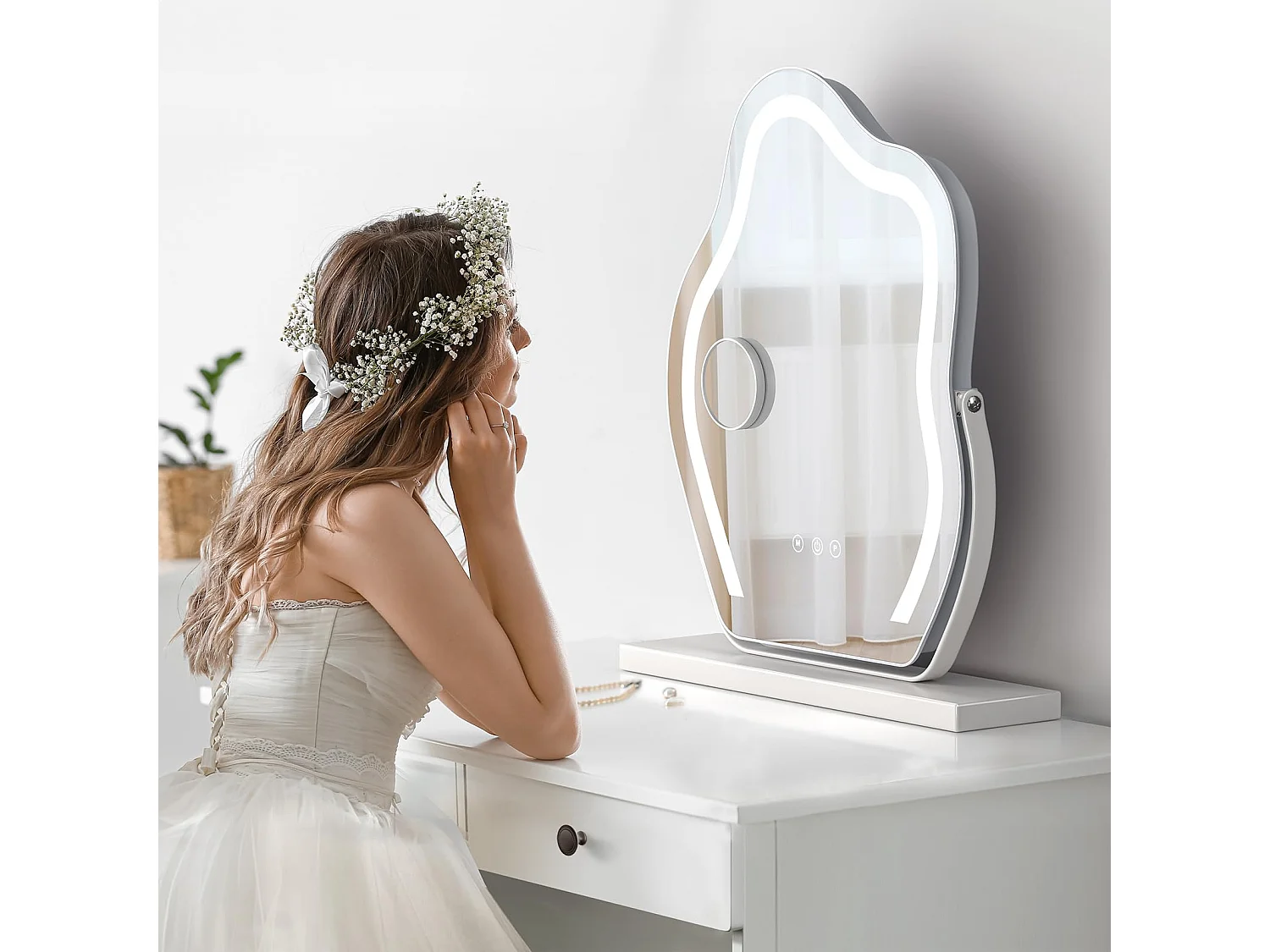 Hollywood Cloud LED make-upspiegel, 58x50cm, 180° draaibaar, 3 standen, instelbare helderheid, touchbediening, ideaal voor de kaptafel, wit