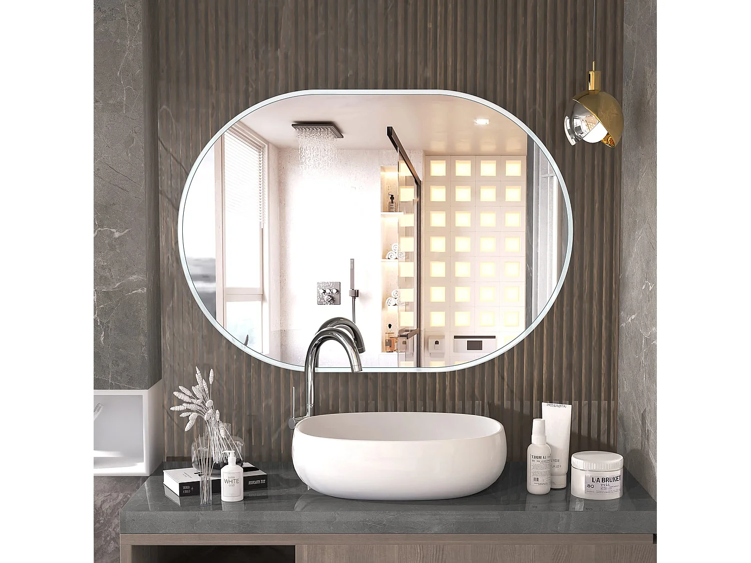 Miroir Mural 70x50cm, Ovale Miroir de Maquillage avec Cadre en Alliage d'Aluminium, Miroir de Décoration pour Entrée Chambre Salon Salle de Bain-Blanc