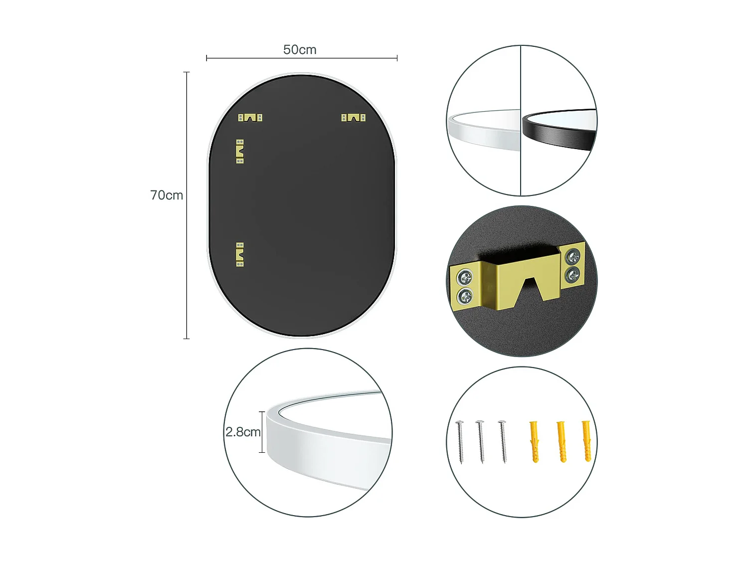 Miroir Mural 70x50cm, Ovale Miroir de Maquillage avec Cadre en Alliage d'Aluminium, Miroir de Décoration pour Entrée Chambre Salon Salle de Bain-Blanc
