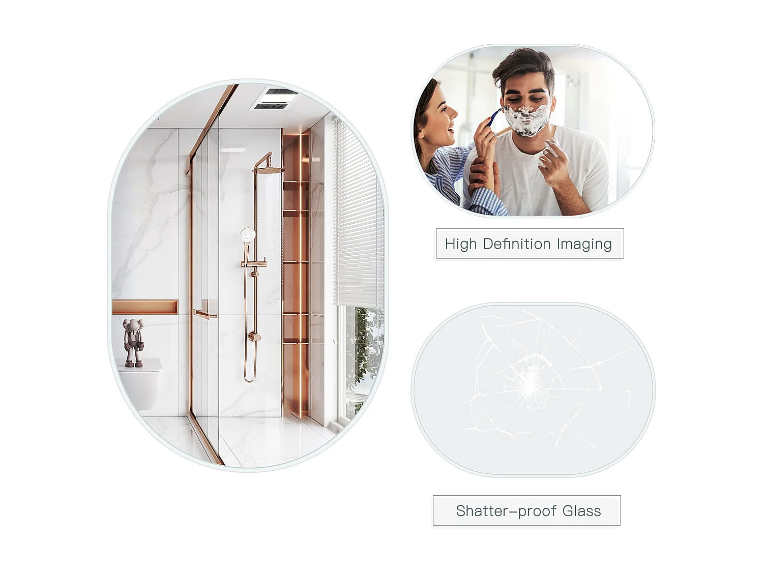 Miroir Mural 70x50cm, Ovale Miroir de Maquillage avec Cadre en Alliage d'Aluminium, Miroir de Décoration pour Entrée Chambre Salon Salle de Bain-Blanc