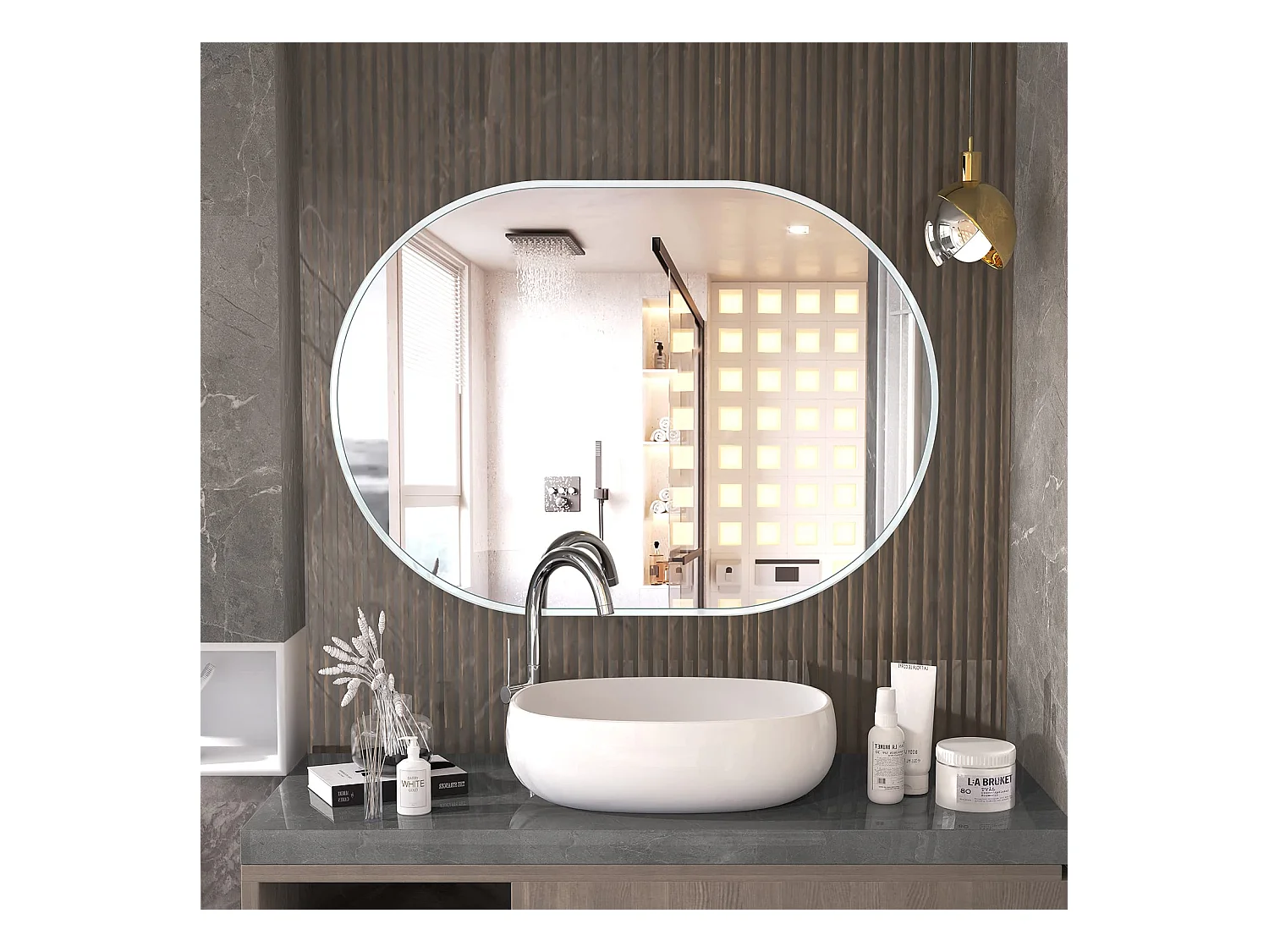 70x50cm wandspiegel Ovale make-upspiegel met aluminium frame, decoratieve spiegel voor hal, slaapkamer, woonkamer, badkamer - wit