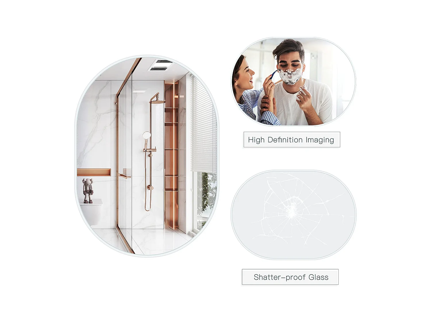 70x50cm wandspiegel Ovale make-upspiegel met aluminium frame, decoratieve spiegel voor hal, slaapkamer, woonkamer, badkamer - wit