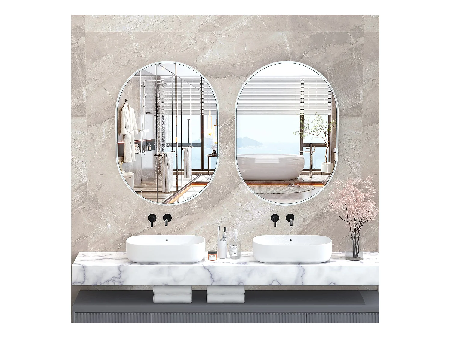 70x50cm wandspiegel Ovale make-upspiegel met aluminium frame, decoratieve spiegel voor hal, slaapkamer, woonkamer, badkamer - wit