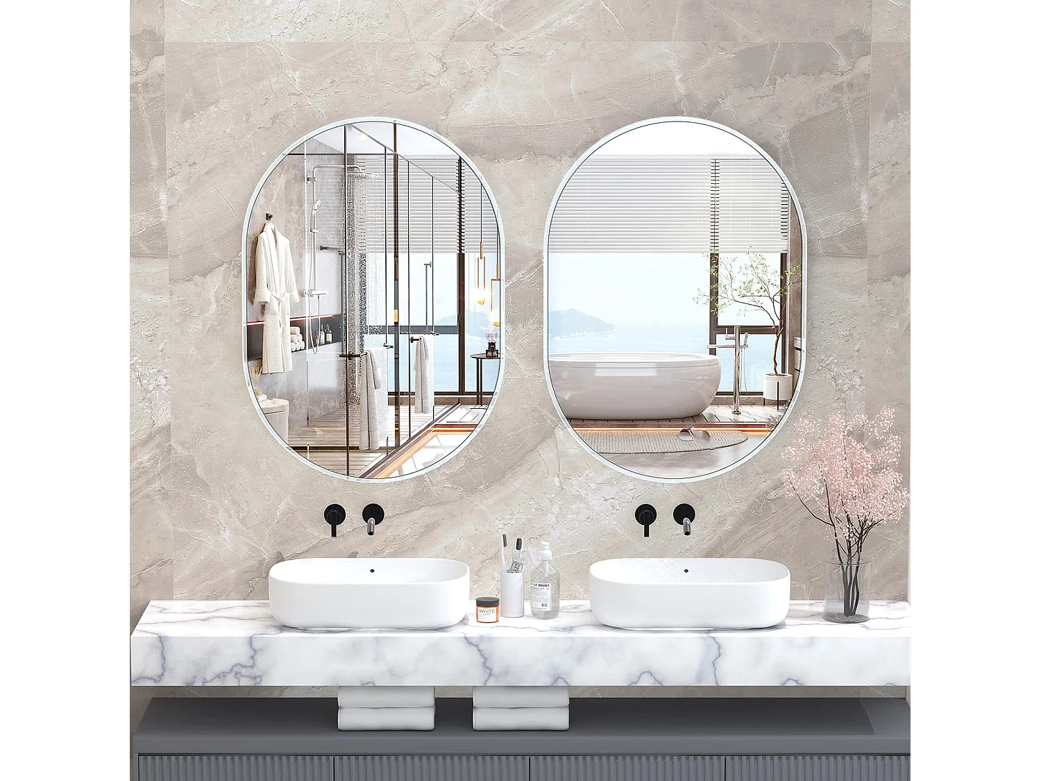 70x50cm wandspiegel Ovale make-upspiegel met aluminium frame, decoratieve spiegel voor hal, slaapkamer, woonkamer, badkamer - wit