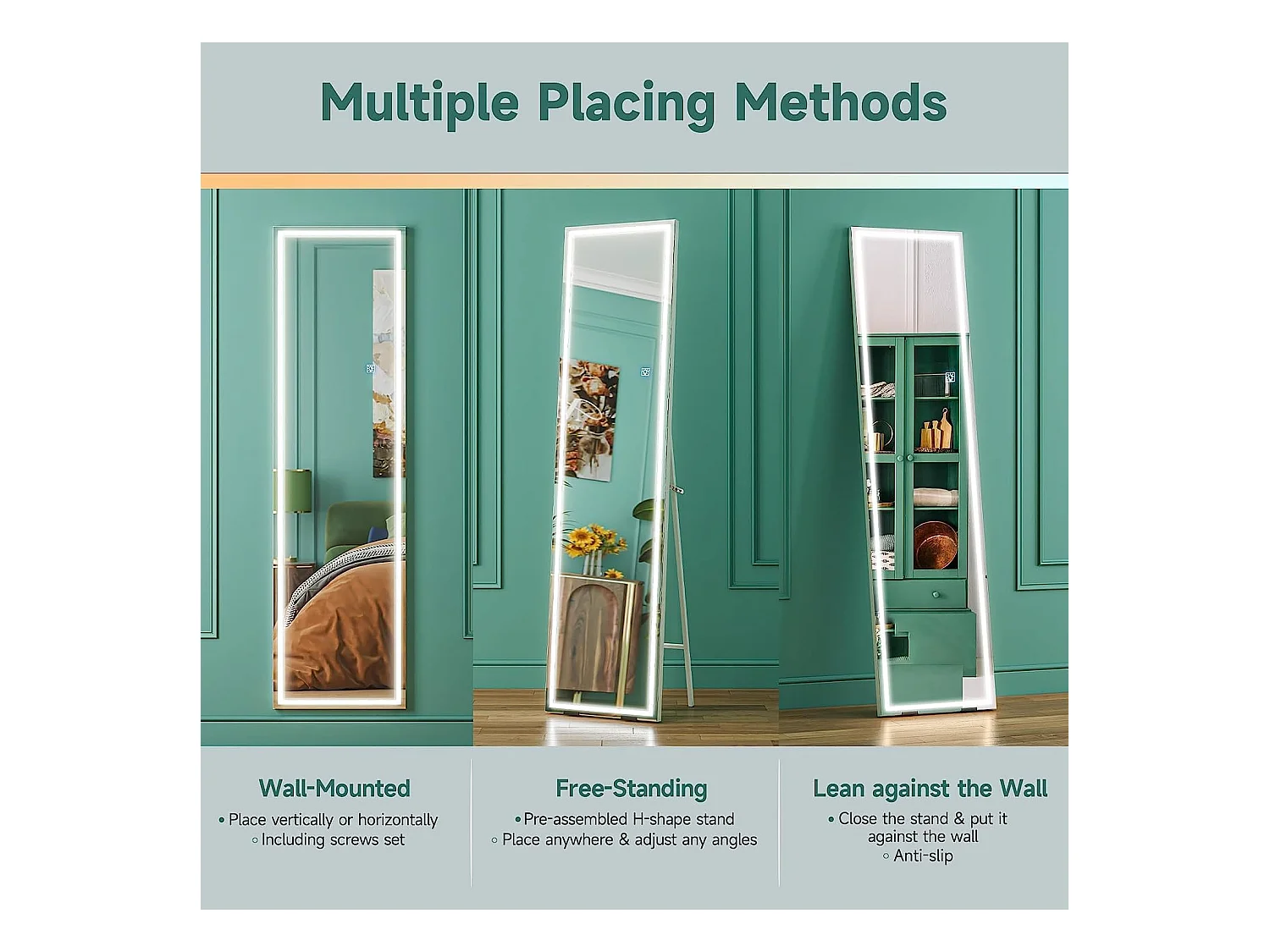 Miroir sur Pied LED 130x40cm, grand miroir mural ou sur pied, éclairage 3 couleurs réglables, interrupteur tactile, idéal chambre ou salon, blanc