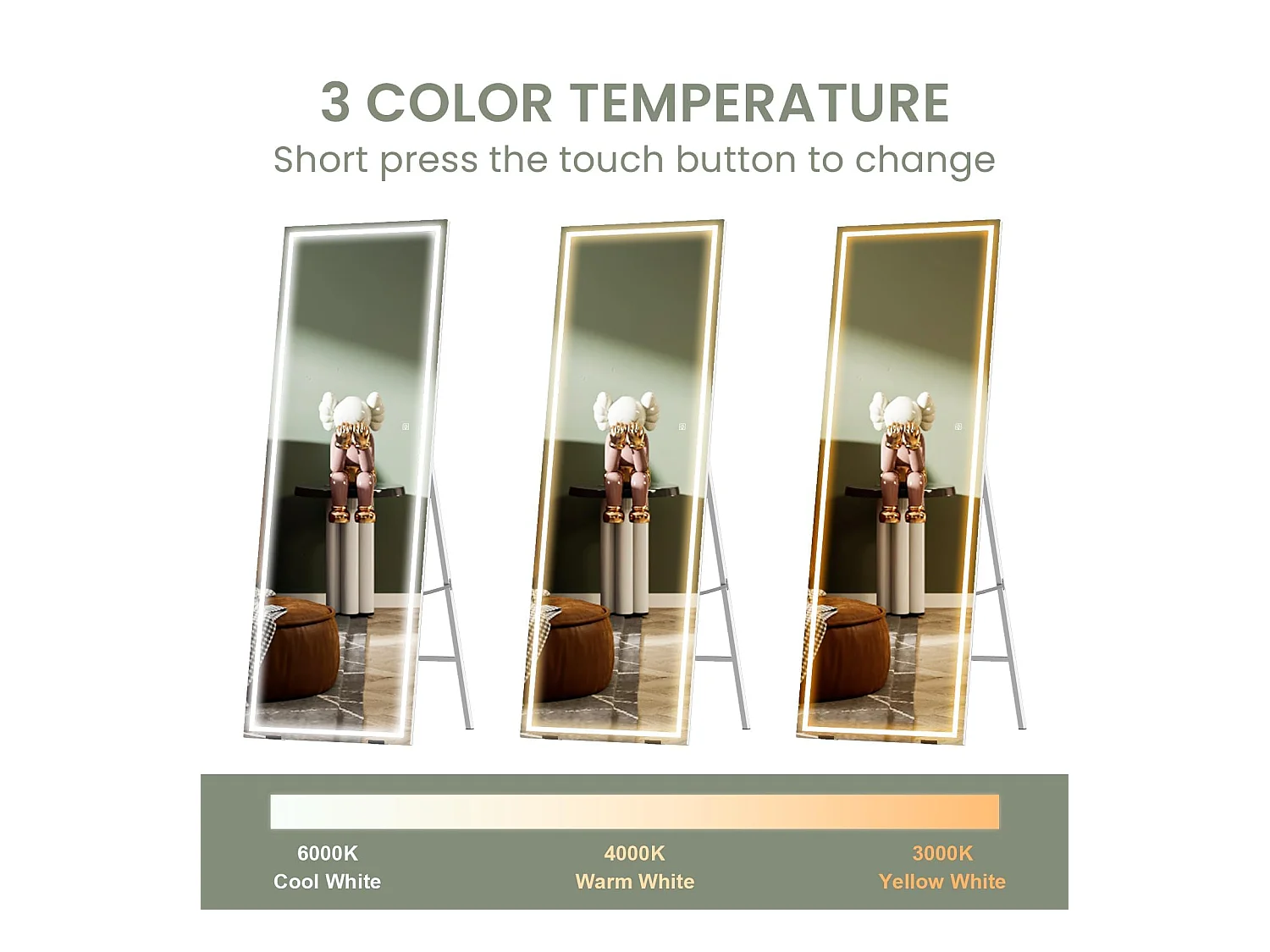 Miroir sur Pied LED 130x40cm, grand miroir mural ou sur pied, éclairage 3 couleurs réglables, interrupteur tactile, idéal chambre ou salon, blanc