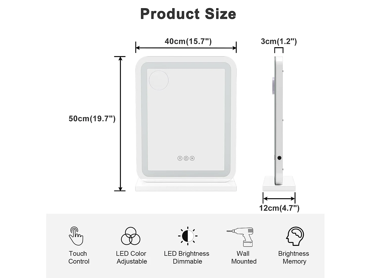 Hollywood LED make-upspiegel, 40x50cm, 3 standen, instelbare helderheid, touchbediening, geschikt voor tafel- of wandmontage, ideaal voor de kaptafel, wit