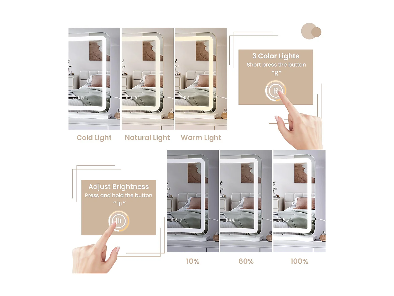 Hollywood LED make-upspiegel, 40x50cm, 3 standen, instelbare helderheid, touchbediening, geschikt voor tafel- of wandmontage, ideaal voor de kaptafel, wit