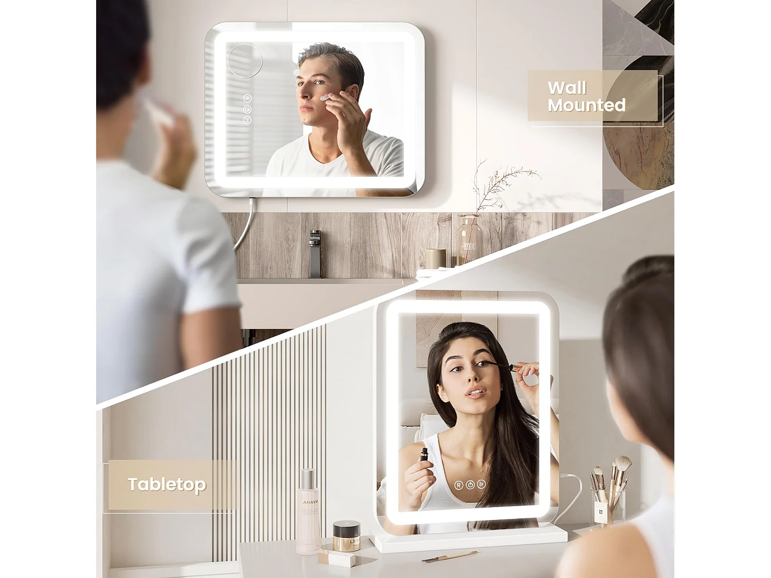 Hollywood LED make-upspiegel, 40x50cm, 3 standen, instelbare helderheid, touchbediening, geschikt voor tafel- of wandmontage, ideaal voor de kaptafel, wit