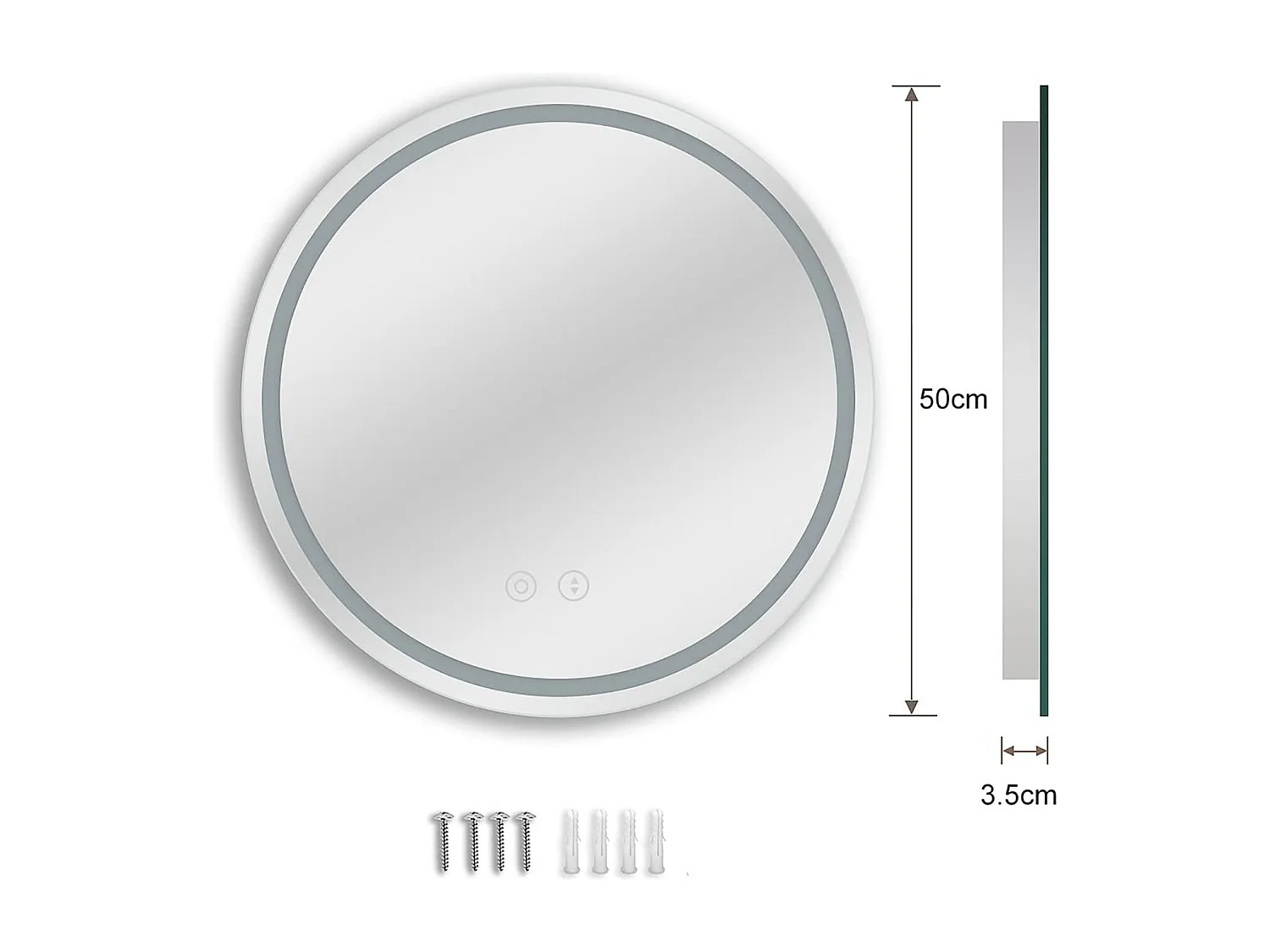 50cm ronde LED spiegel met verlichting, anti-condens, 3 kleuren, dimbaar, geheugen, HD gehard glas, aanraaksensor, IP44 waterdicht