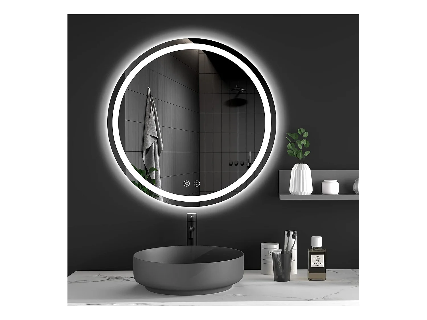 50cm ronde LED spiegel met verlichting, anti-condens, 3 kleuren, dimbaar, geheugen, HD gehard glas, aanraaksensor, IP44 waterdicht