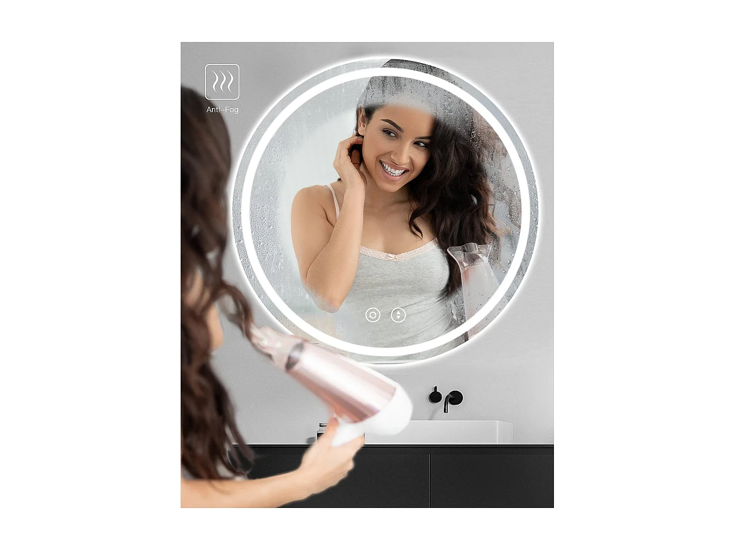 50cm ronde LED spiegel met verlichting, anti-condens, 3 kleuren, dimbaar, geheugen, HD gehard glas, aanraaksensor, IP44 waterdicht