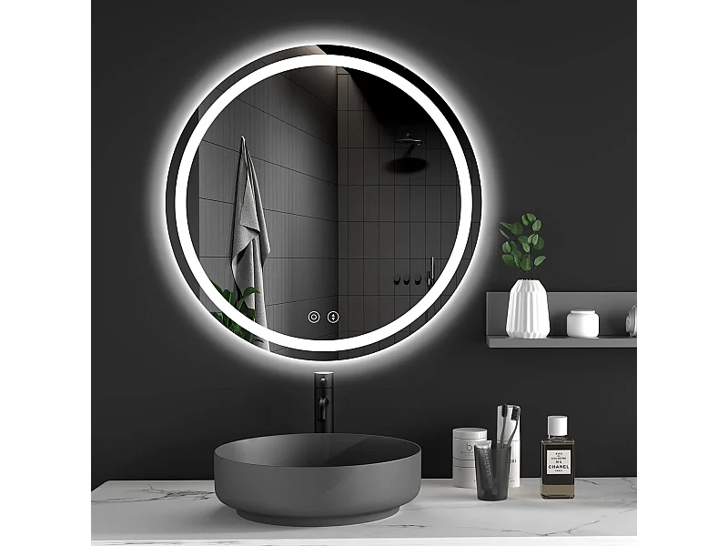 50cm ronde LED spiegel met verlichting, anti-condens, 3 kleuren, dimbaar, geheugen, HD gehard glas, aanraaksensor, IP44 waterdicht