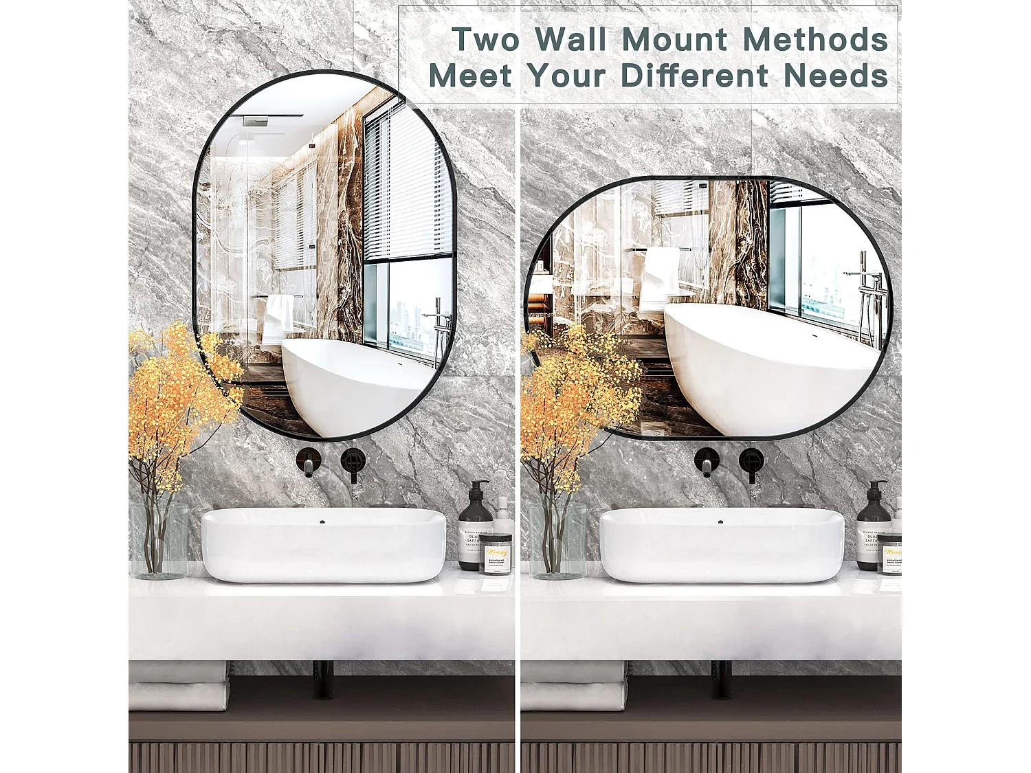 Miroir Mural 70x50cm, Ovale Miroir de Maquillage avec Cadre en Alliage d'Aluminium, Miroir de Décoration pour Entrée Chambre Salon Salle de Bain-Noir