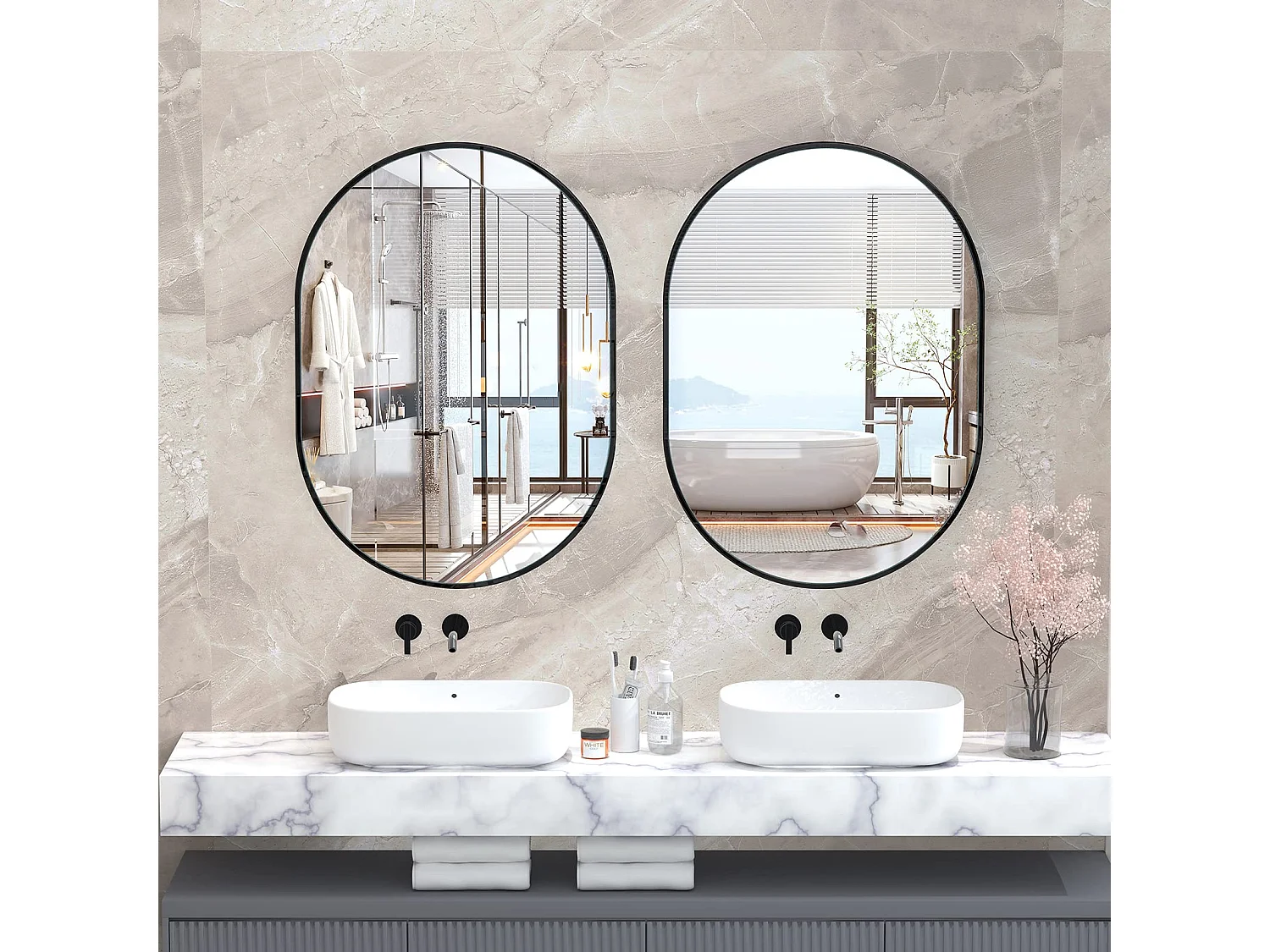 Miroir Mural 70x50cm, Ovale Miroir de Maquillage avec Cadre en Alliage d'Aluminium, Miroir de Décoration pour Entrée Chambre Salon Salle de Bain-Noir